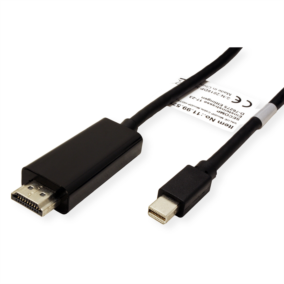 Black HDMI to mini DisplayPort cable with a label on the cable.