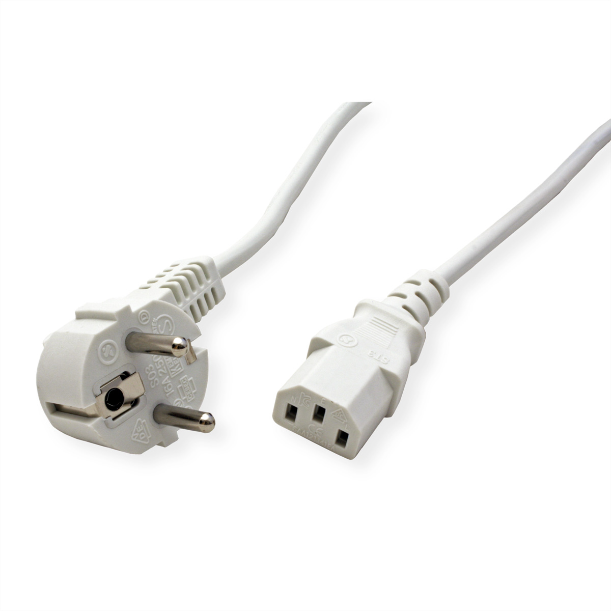 Biały kabel zasilający z wtyczką europejską i złączem IEC. Izolowany na białym tle.