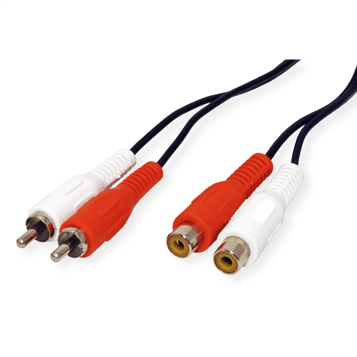 Deux ensembles de câbles RCA, rouge et blanc, fils noirs.