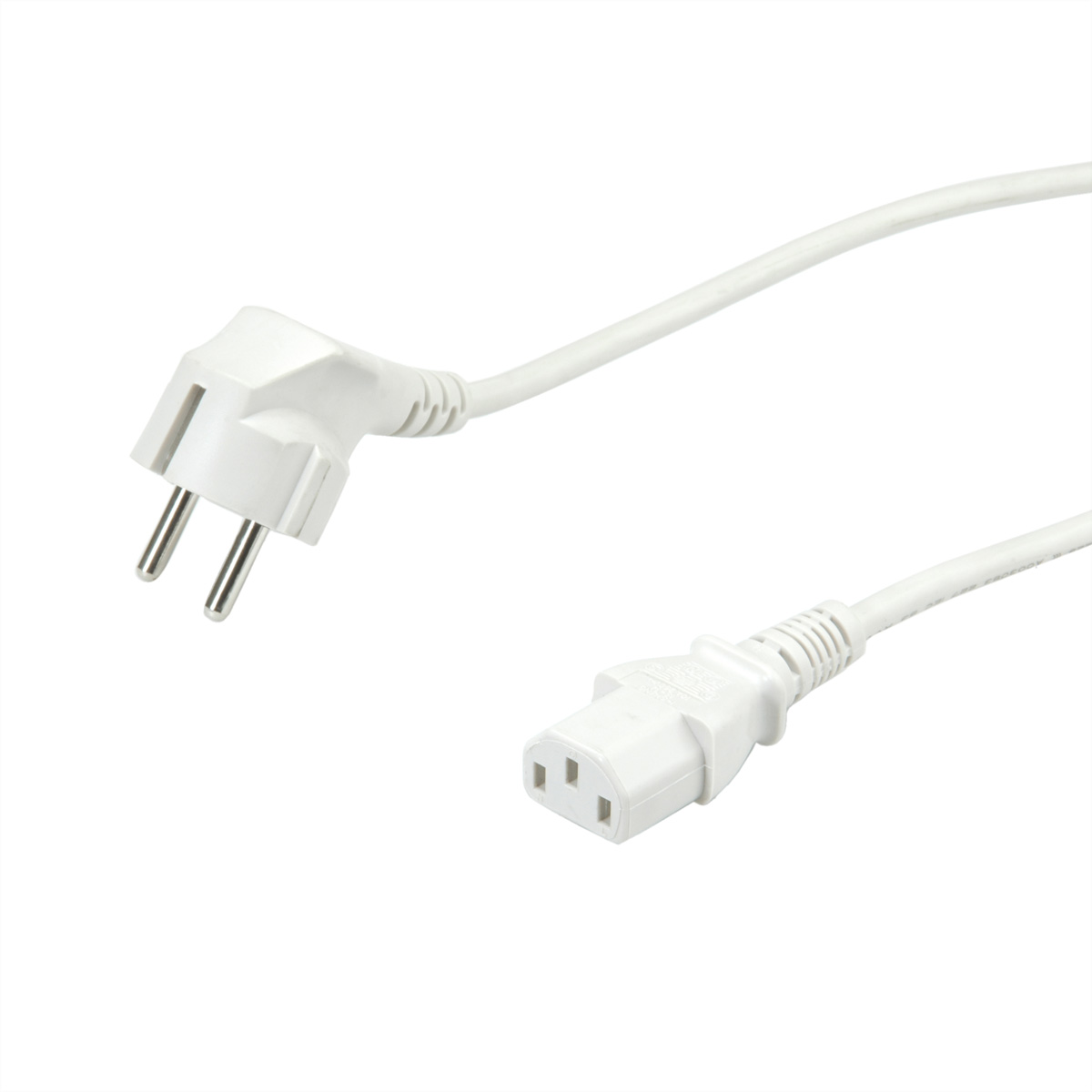 Biały kabel zasilający z dwoma złączami. Jedno to wtyczka, drugie to złącze C13. Białe tło.
