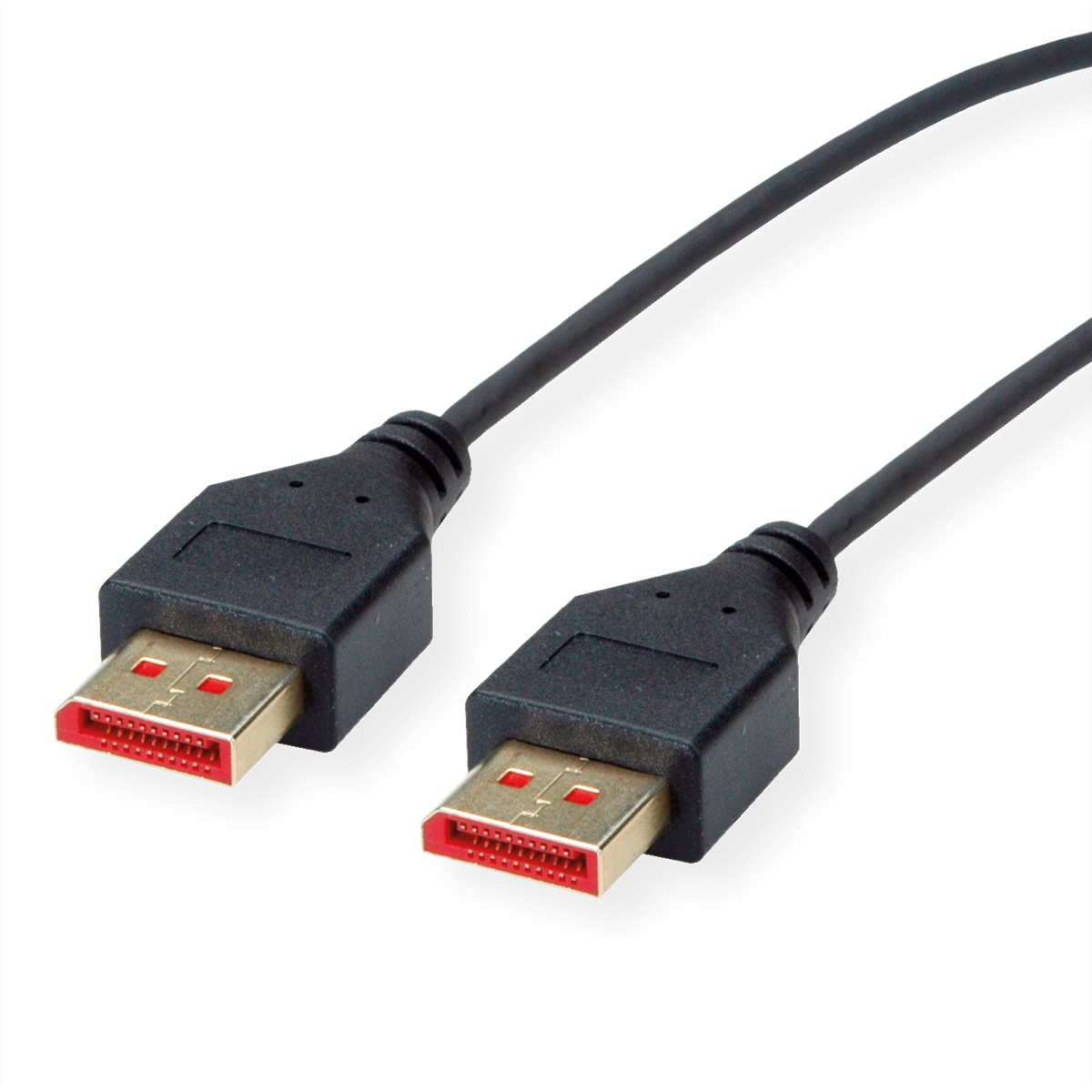 Twee zwarte DisplayPort-kabels met rode en gouden connectoren worden getoond.