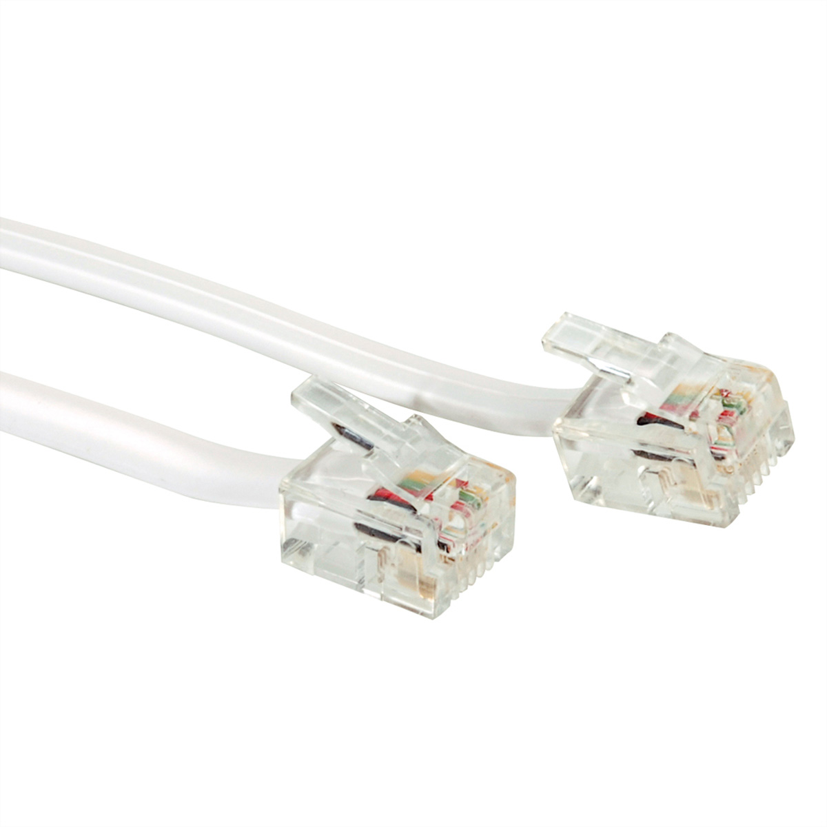 Twee witte telefoonkabel met doorzichtige plastic connectoren.