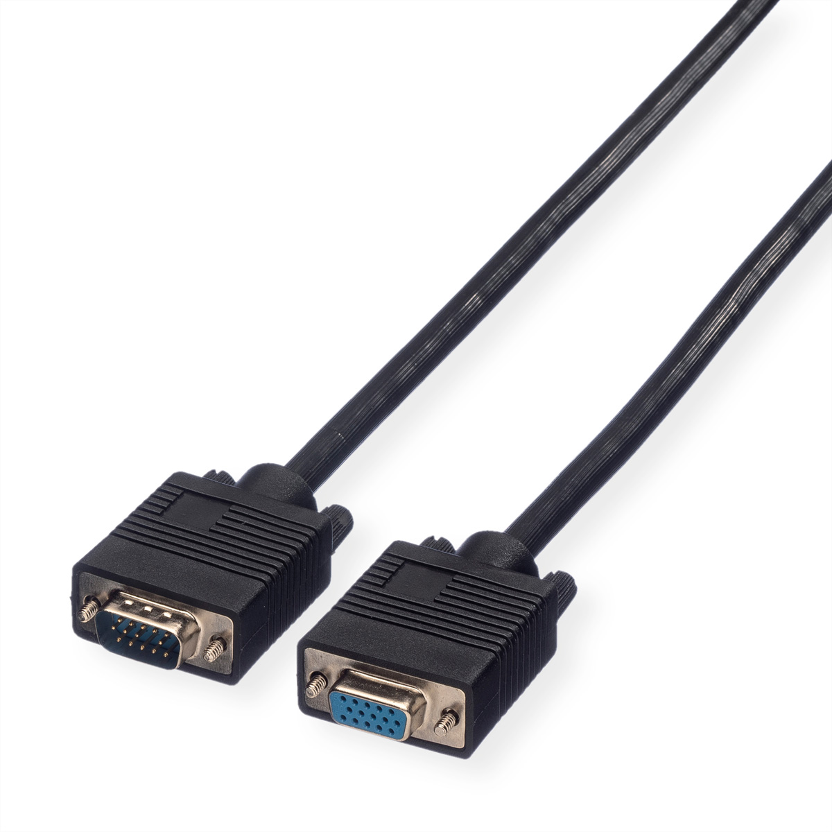 Twee zwarte VGA-kabels met connectoren op een witte achtergrond.
