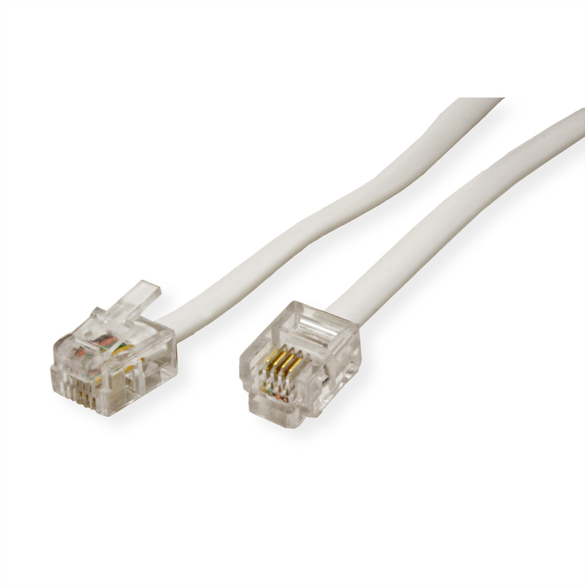 Witte telefoonkabel met transparante connectoren.