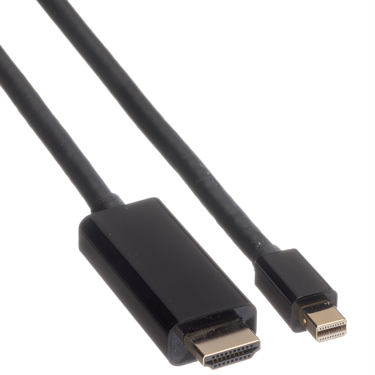 Czarny kabel HDMI do Mini DisplayPort. Czarne złącza na każdym końcu, HDMI szersze.
