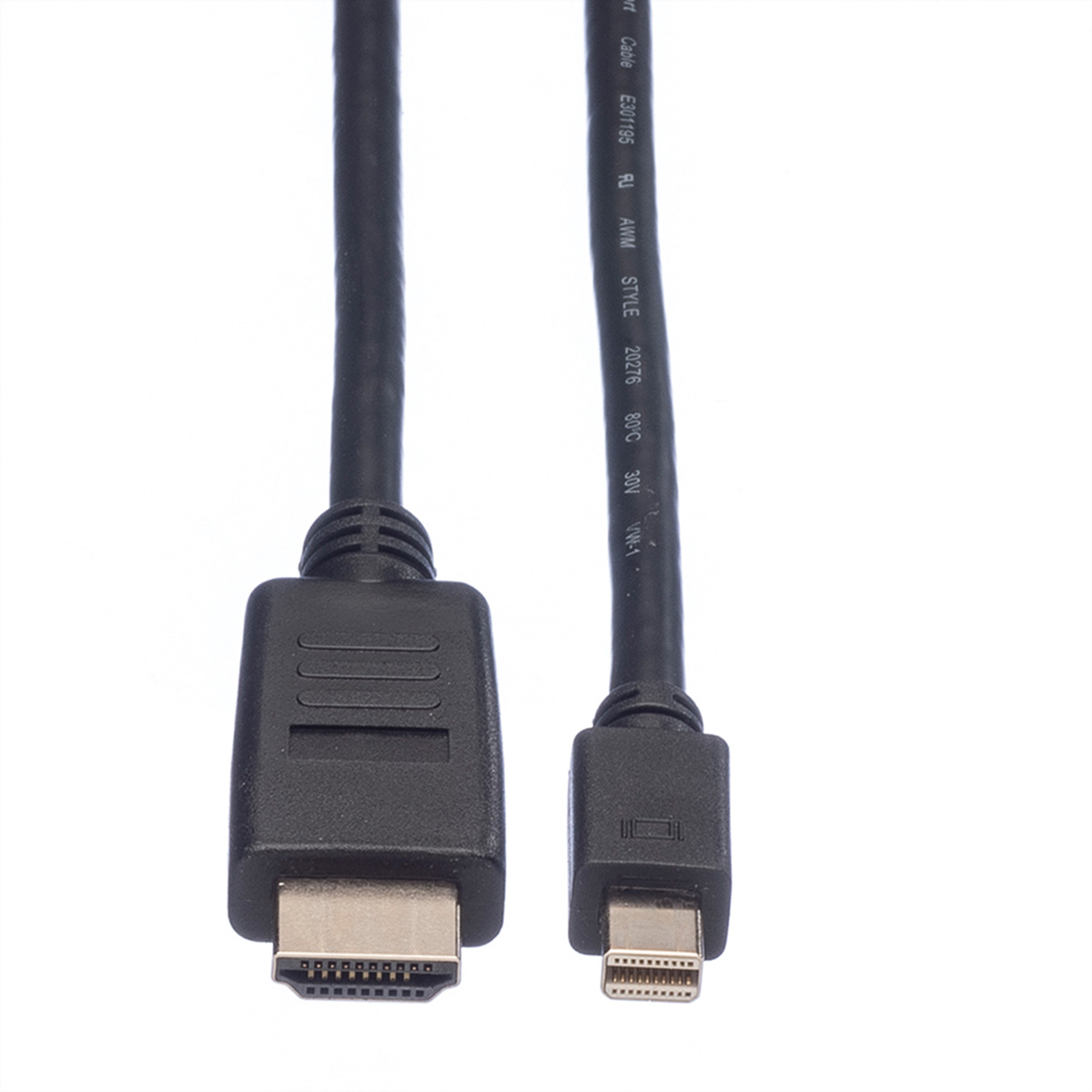 Black HDMI to Mini DisplayPort cable. Shows connectors on both ends.