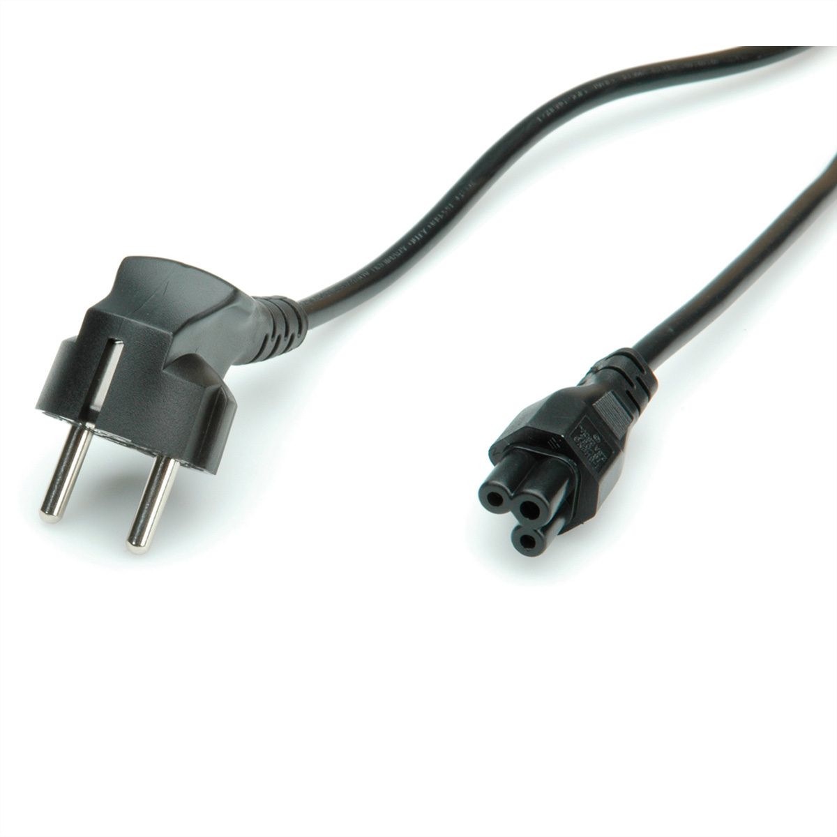 Câble d'alimentation noir avec une prise à deux broches et un connecteur CEI, sur fond blanc.