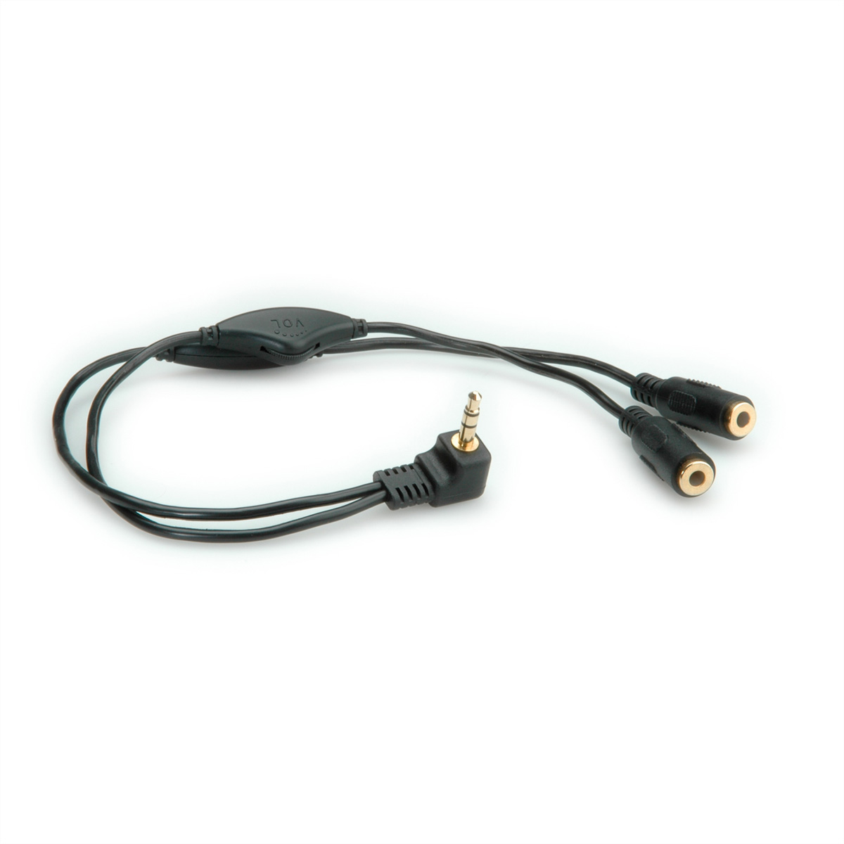 Câble répartiteur audio noir avec une prise jack 3,5 mm et deux connecteurs femelles, isolé sur fond blanc.