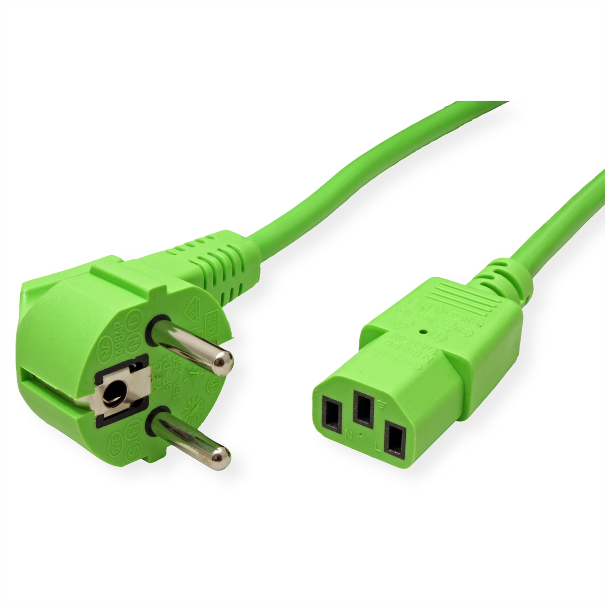 Cavo di alimentazione verde con spina europea e connettore C13 su sfondo bianco.