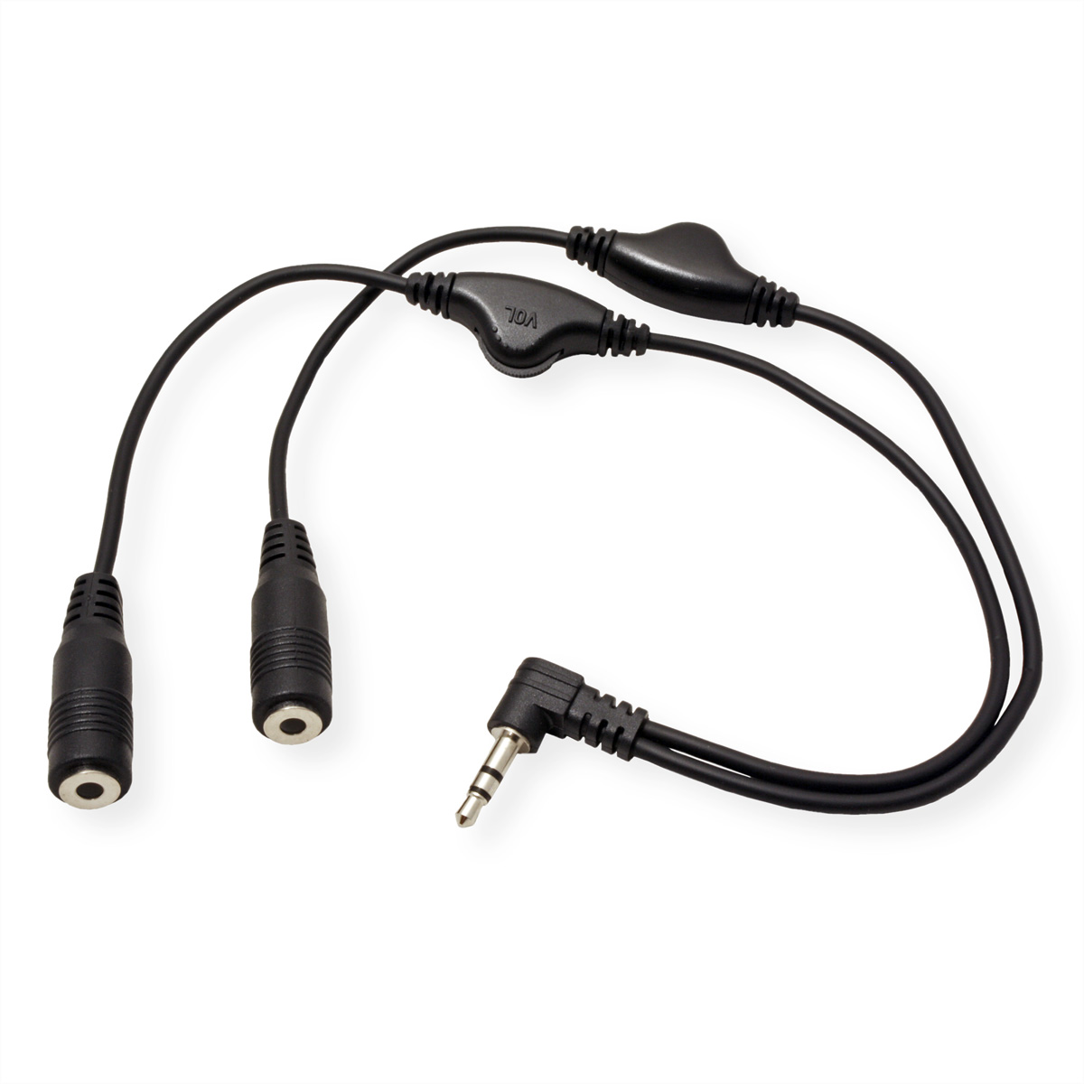 Un câble audio noir avec une prise mâle et deux prises femelles pour connecter des appareils.
