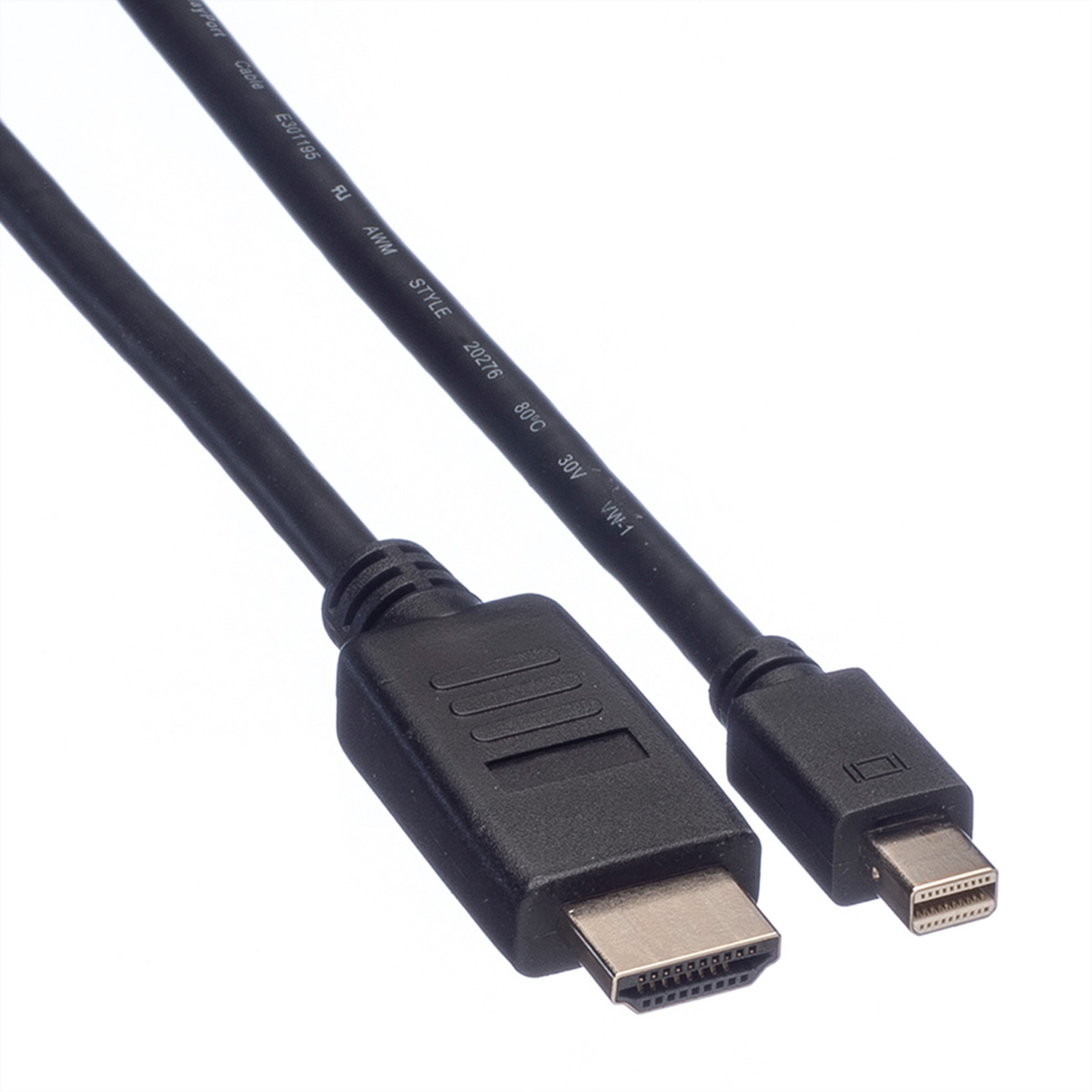 A black HDMI to mini HDMI cable, with the connectors clearly visible in a close-up shot.
