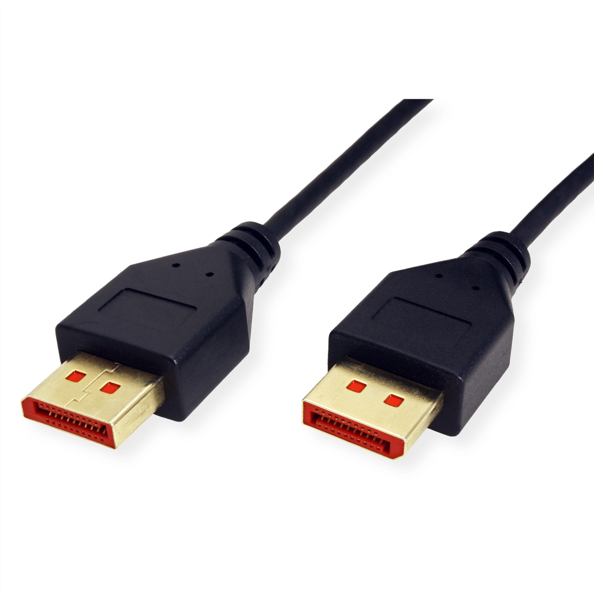 Twee zwarte DisplayPort-kabels met connectoren met oranje binnenkant, die op een wit oppervlak liggen.