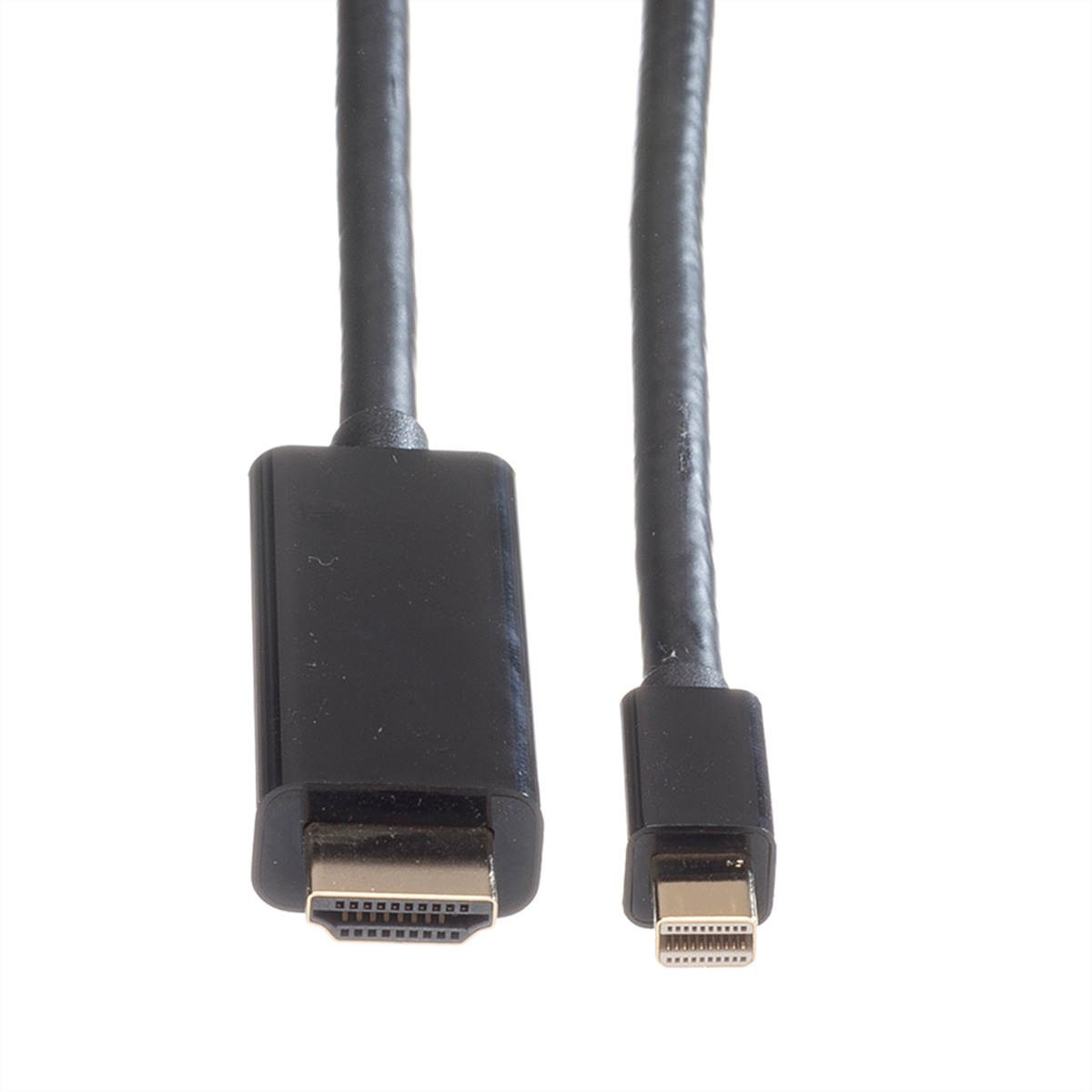 Dwa czarne kable z różnymi złączami na białym tle. Jeden to HDMI, drugi Mini DisplayPort.
