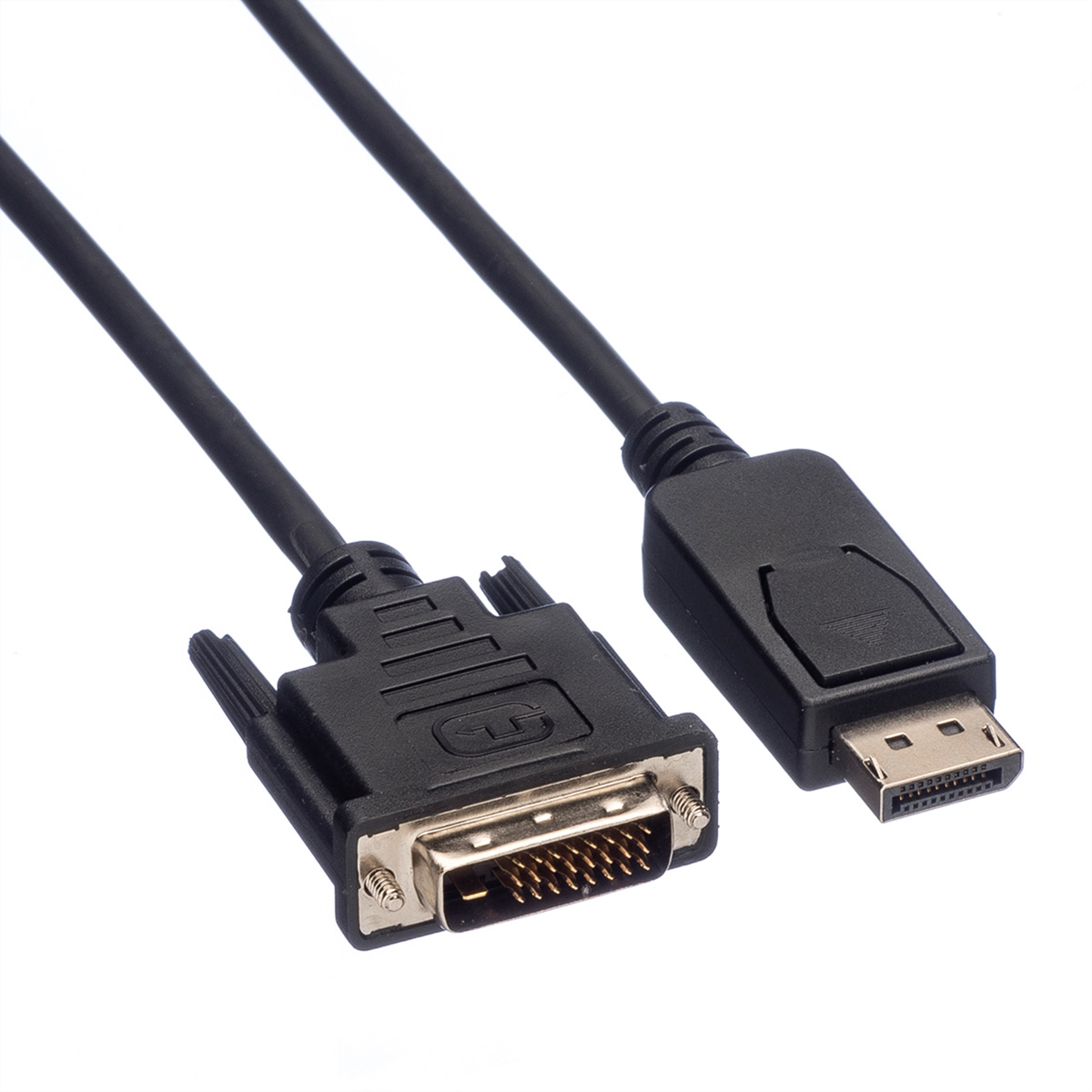Czarny kabel ze złączami DVI i DisplayPort. Białe tło.