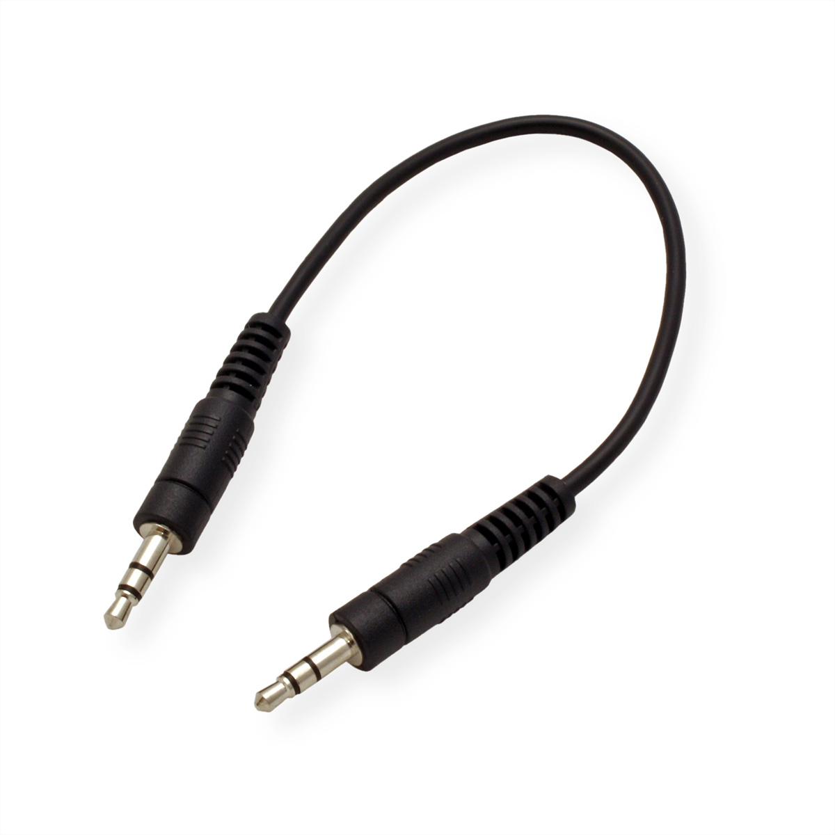 Schwarzes Audiokabel mit zwei 3,5-mm-Klinken auf weißem Grund, bogenförmig gebogen.