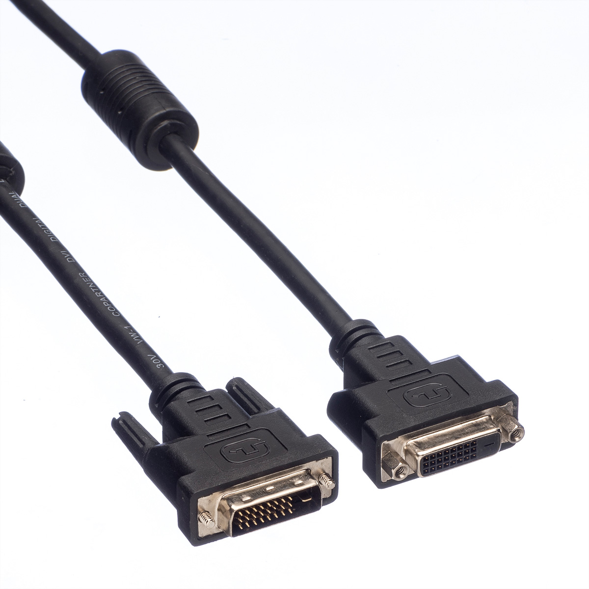 Zwei schwarze DVI-Kabel mit Anschlüssen auf weißem Untergrund.
