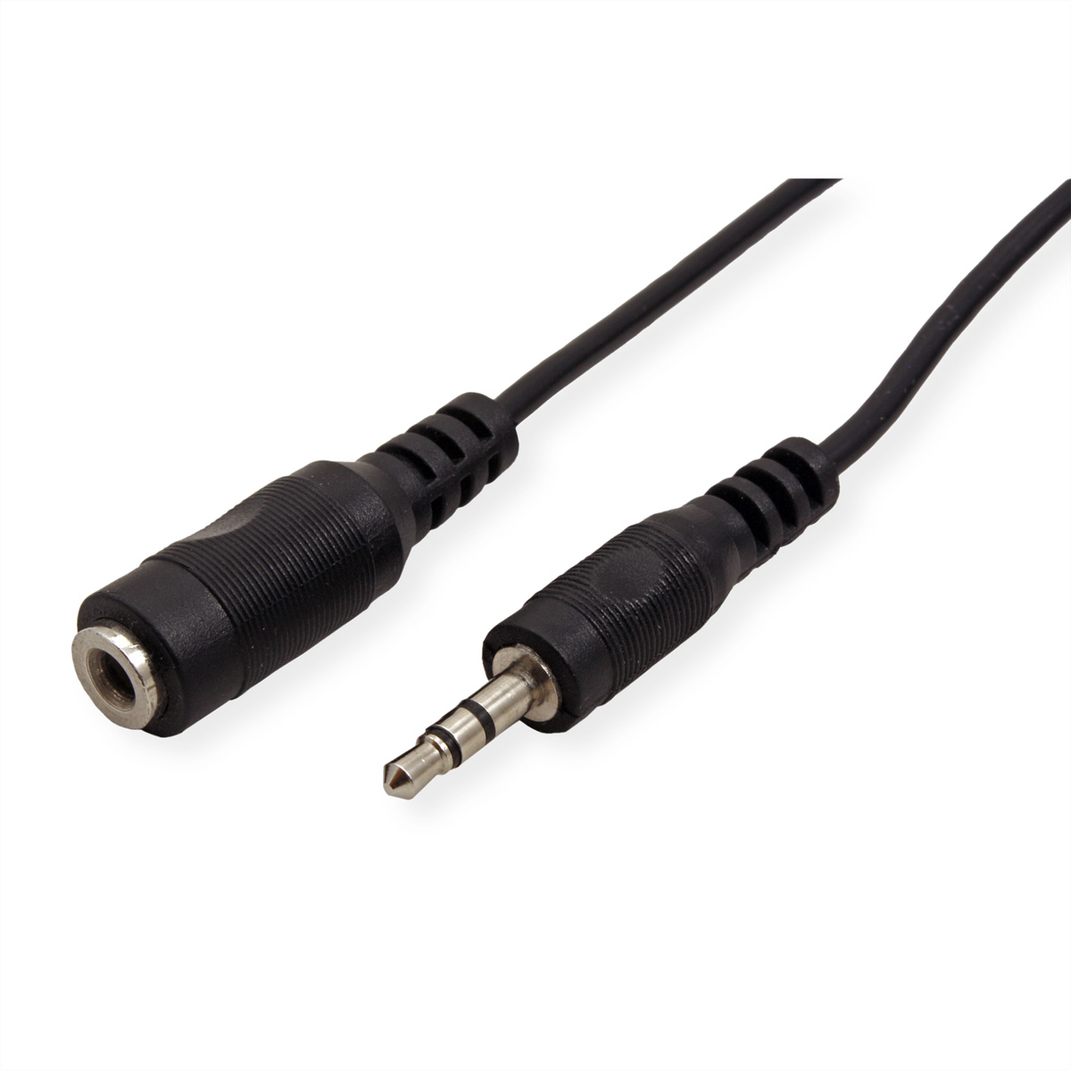Ein schwarzes Audiokabel mit 3,5-mm-Klinke und Buchse, weißer Hintergrund.