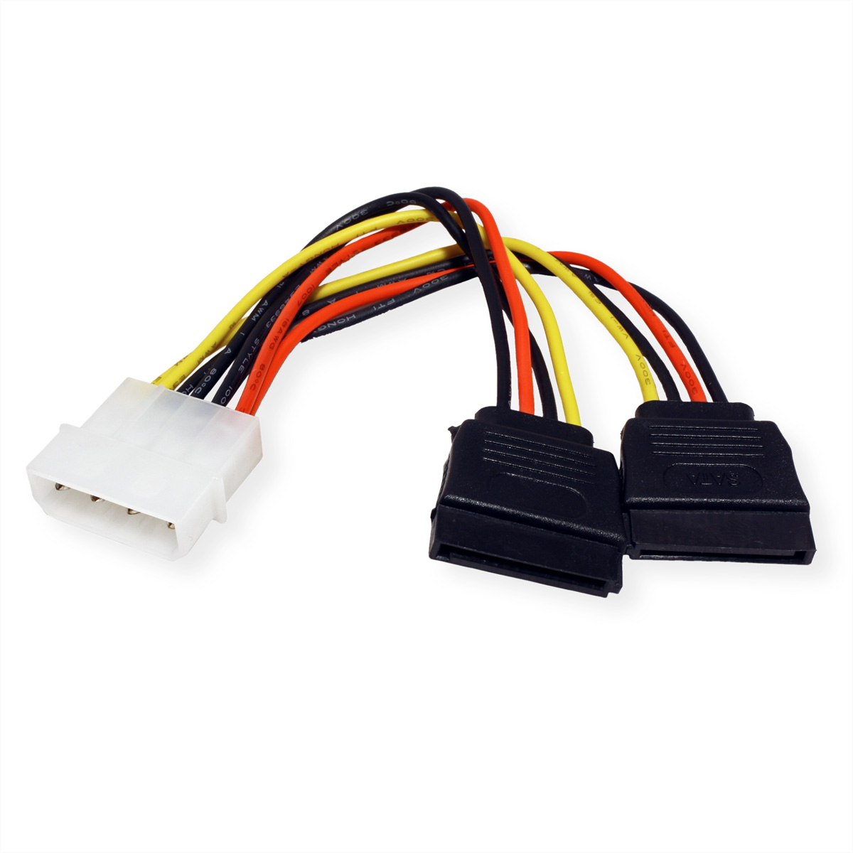 SATA-Stromadapter mit weißem Stecker und zwei schwarzen Steckern, verschiedene Drähte.