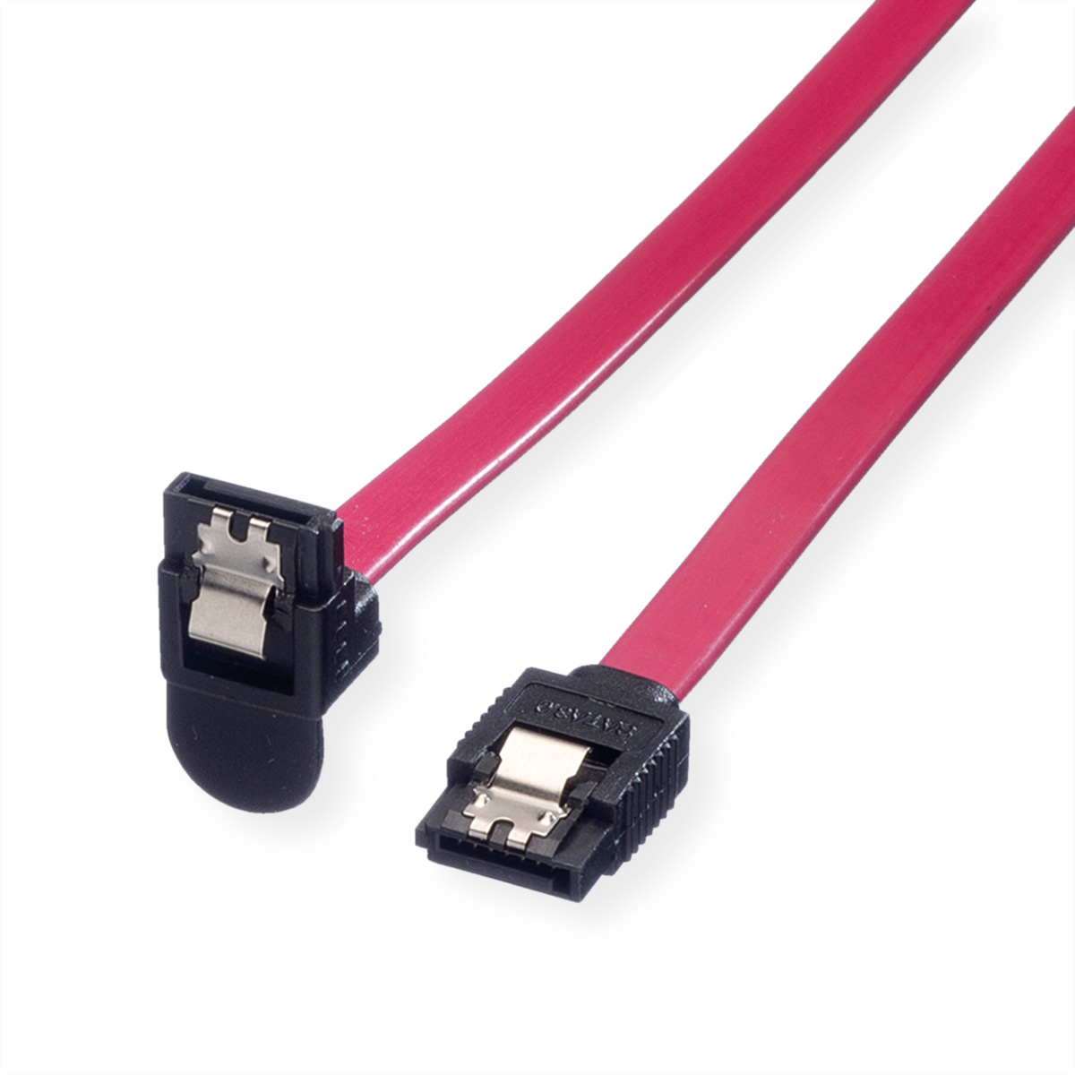 Câble SATA rouge avec connecteurs noirs sur fond blanc.