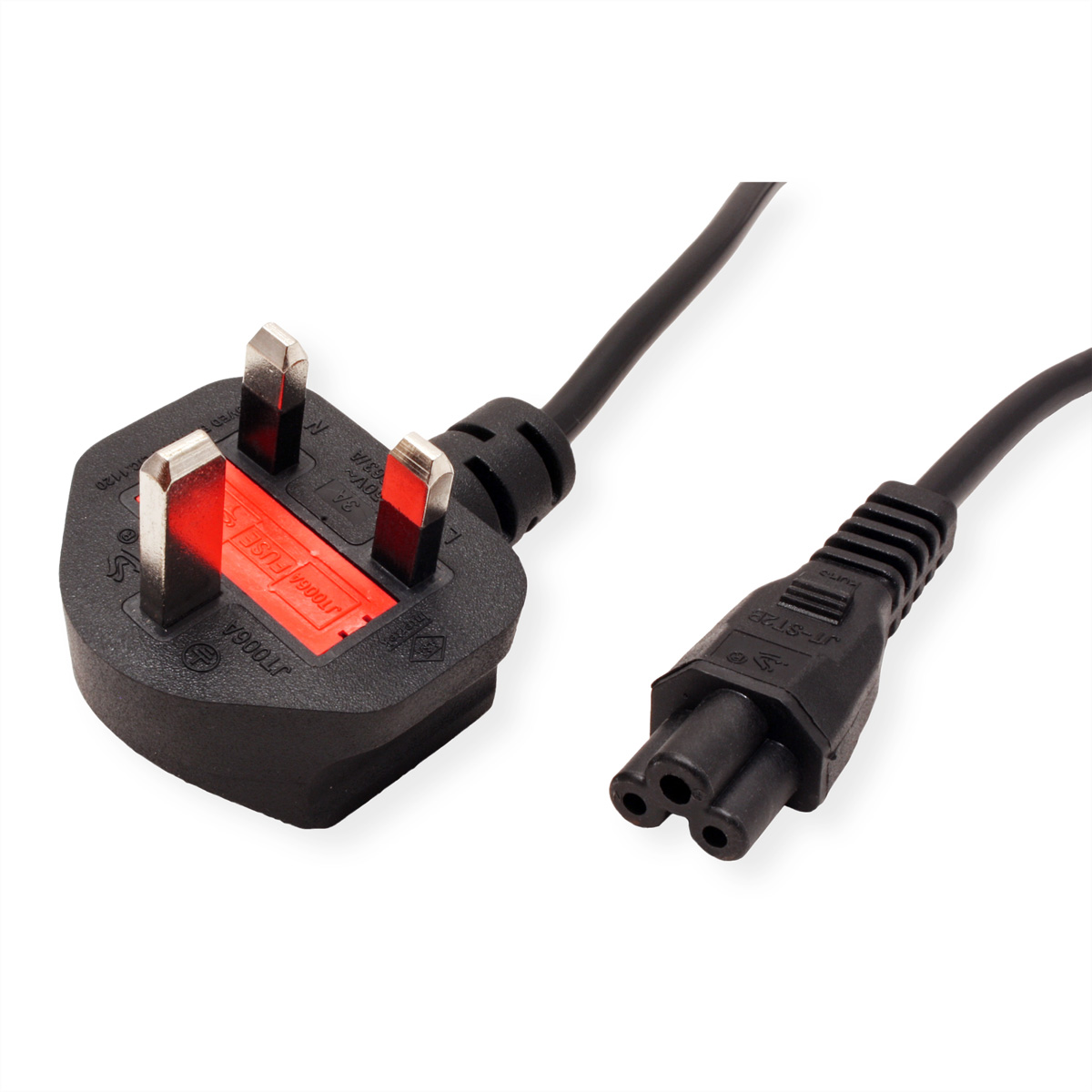 Cable de alimentación negro con un enchufe del Reino Unido y un conector de tres clavijas.