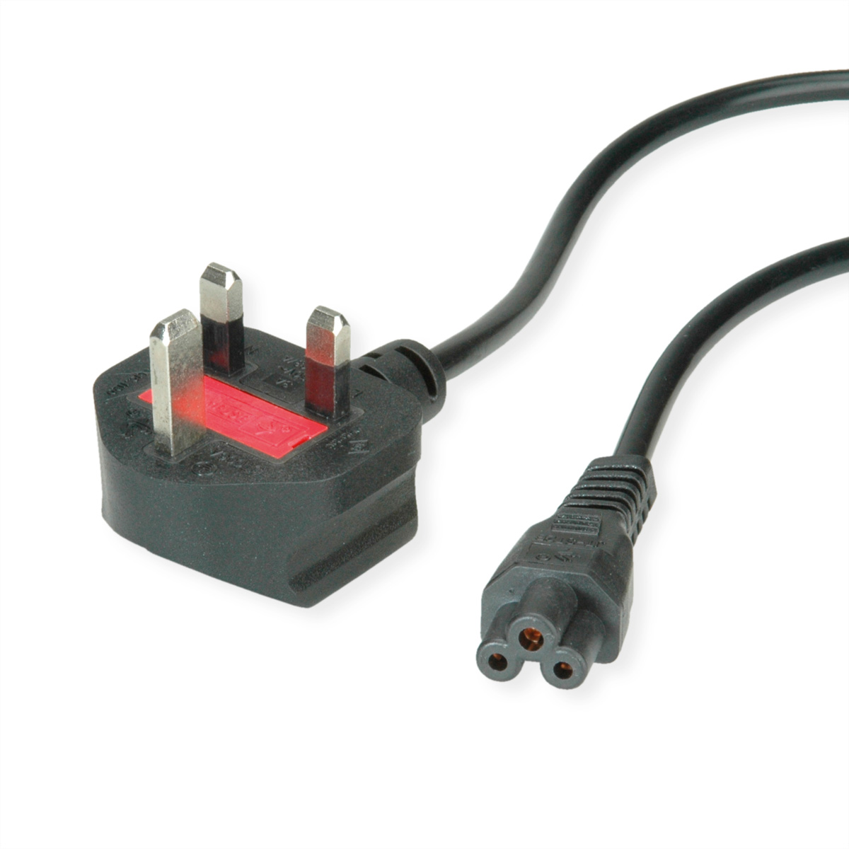 Cable de alimentación negro con enchufe de tres clavijas y conector de tres clavijas. Fondo blanco.