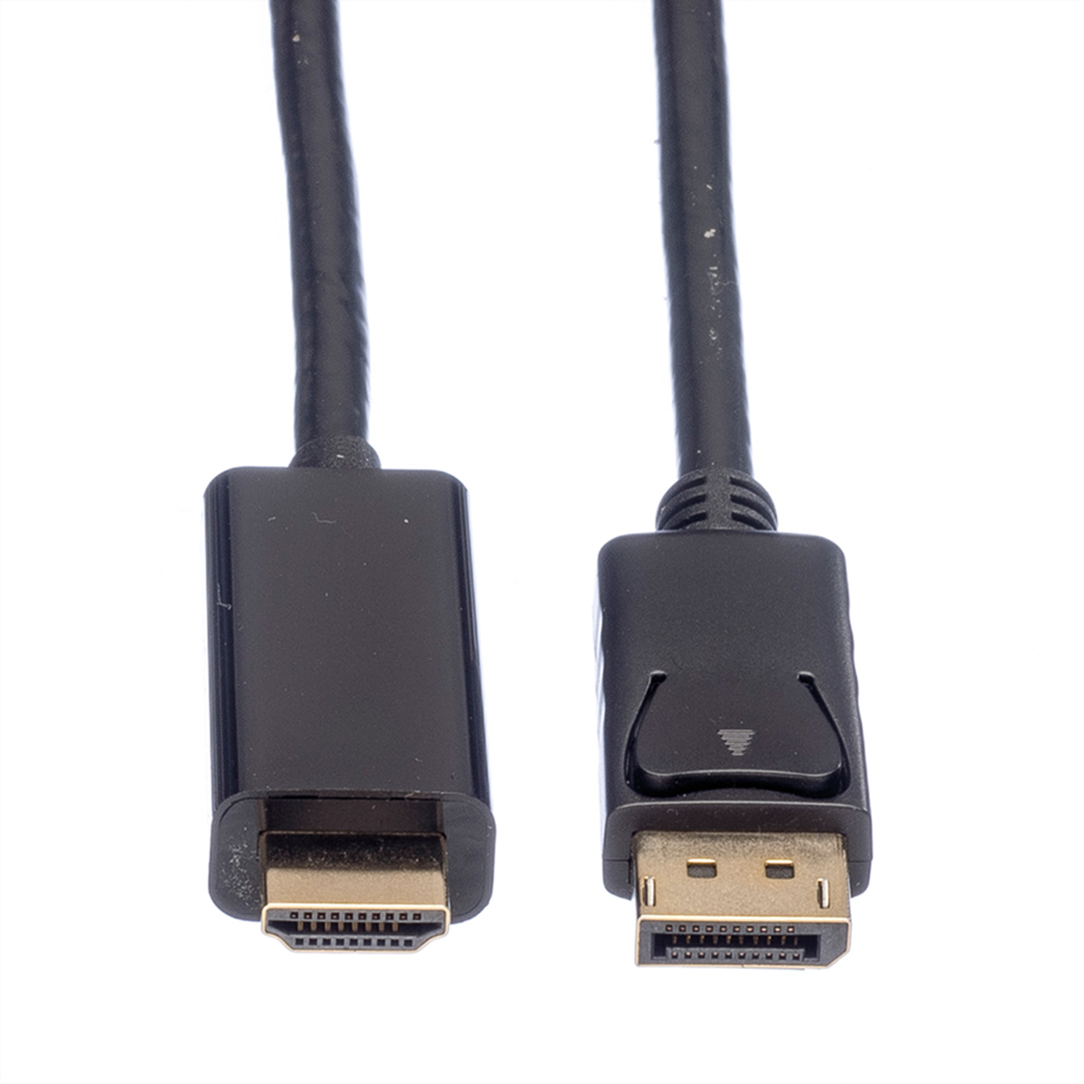 Deux câbles noirs avec connecteurs HDMI et DisplayPort, isolés sur fond blanc.