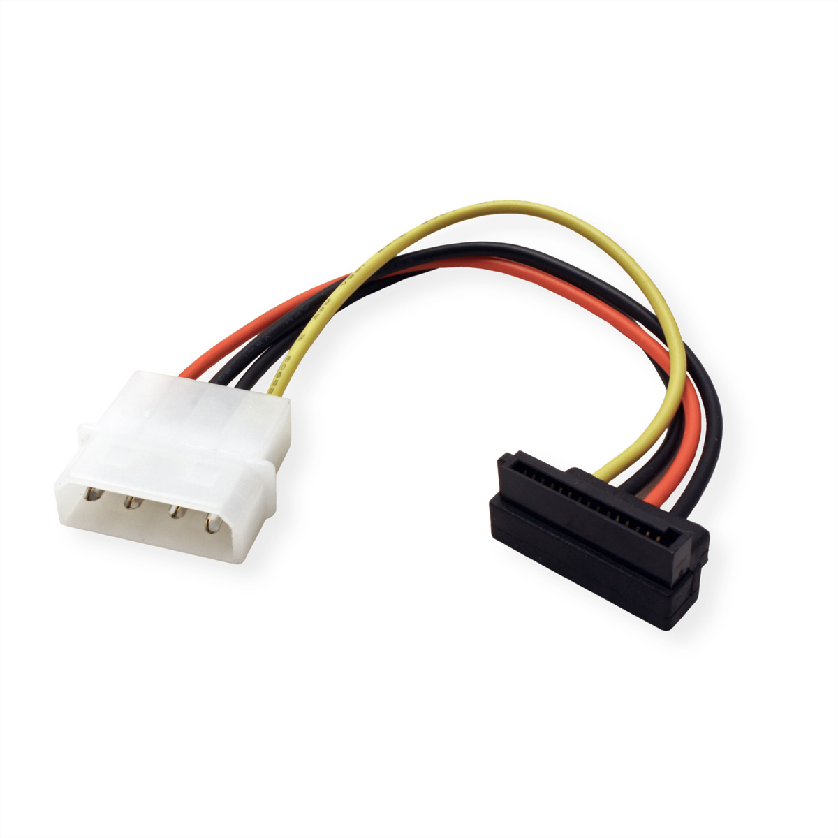 Adaptateur de câble d'alimentation SATA blanc, noir et jaune sur fond blanc.