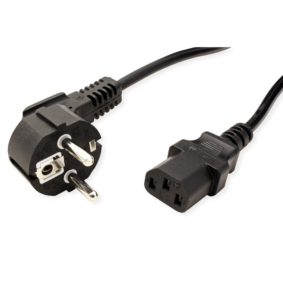 Czarny kabel zasilający z wtyczką europejską i złączem IEC. Kabel na białym tle.