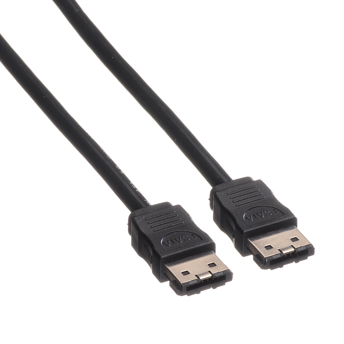Zwei schwarze SATA-Kabel mit SATA-Anschlüssen auf weißem Untergrund.