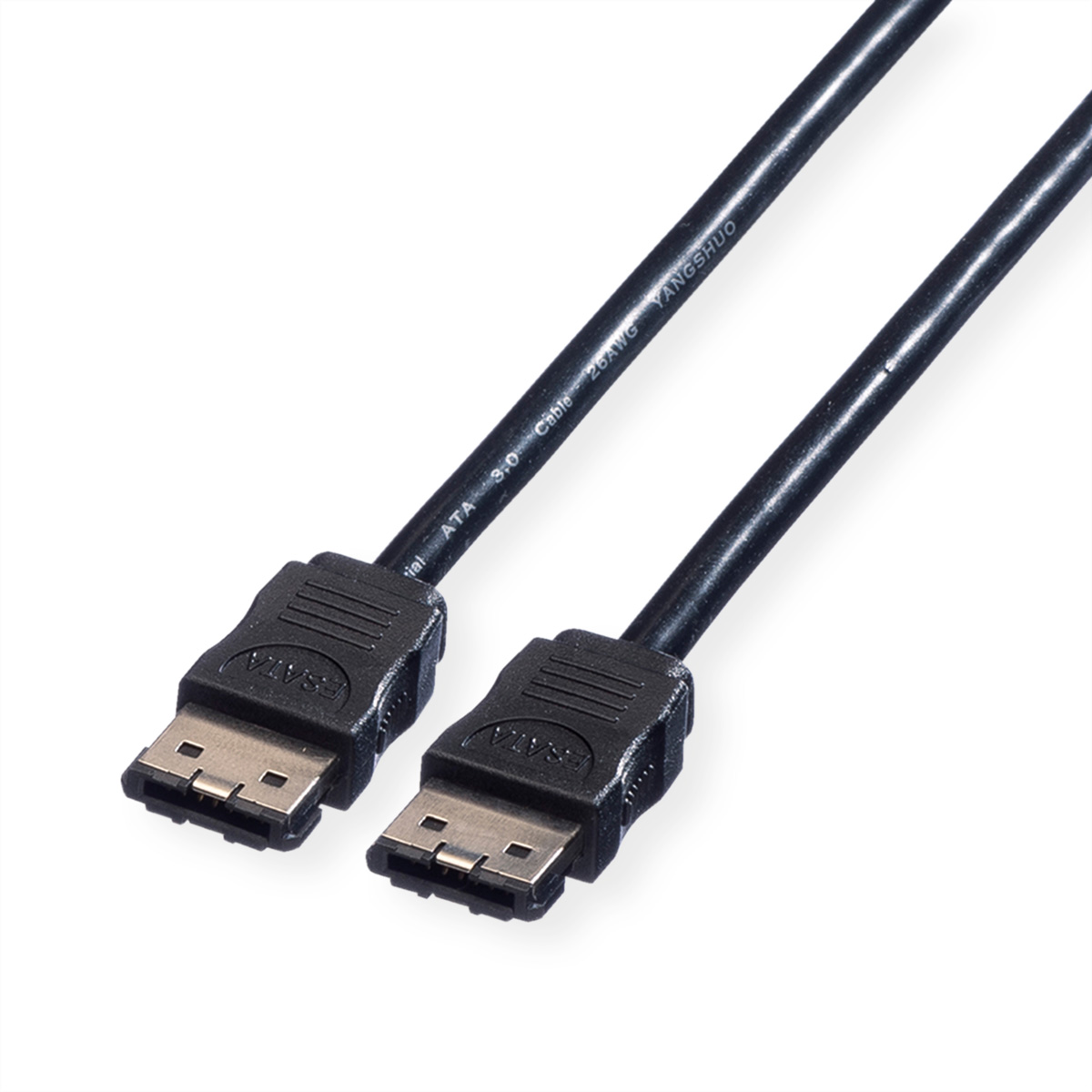 Zwei schwarze SATA-Kabel. Die Kabel haben an jedem Ende schwarze Stecker und dazwischen ein schwarzes Kabel.