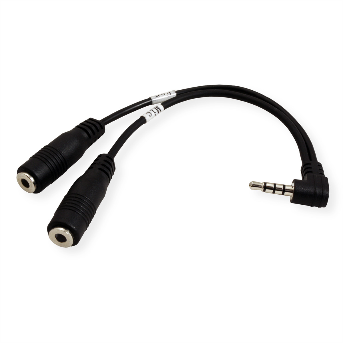 Zwarte audio splitterkabel, één uiteinde heeft een 3,5 mm jack, de andere twee.