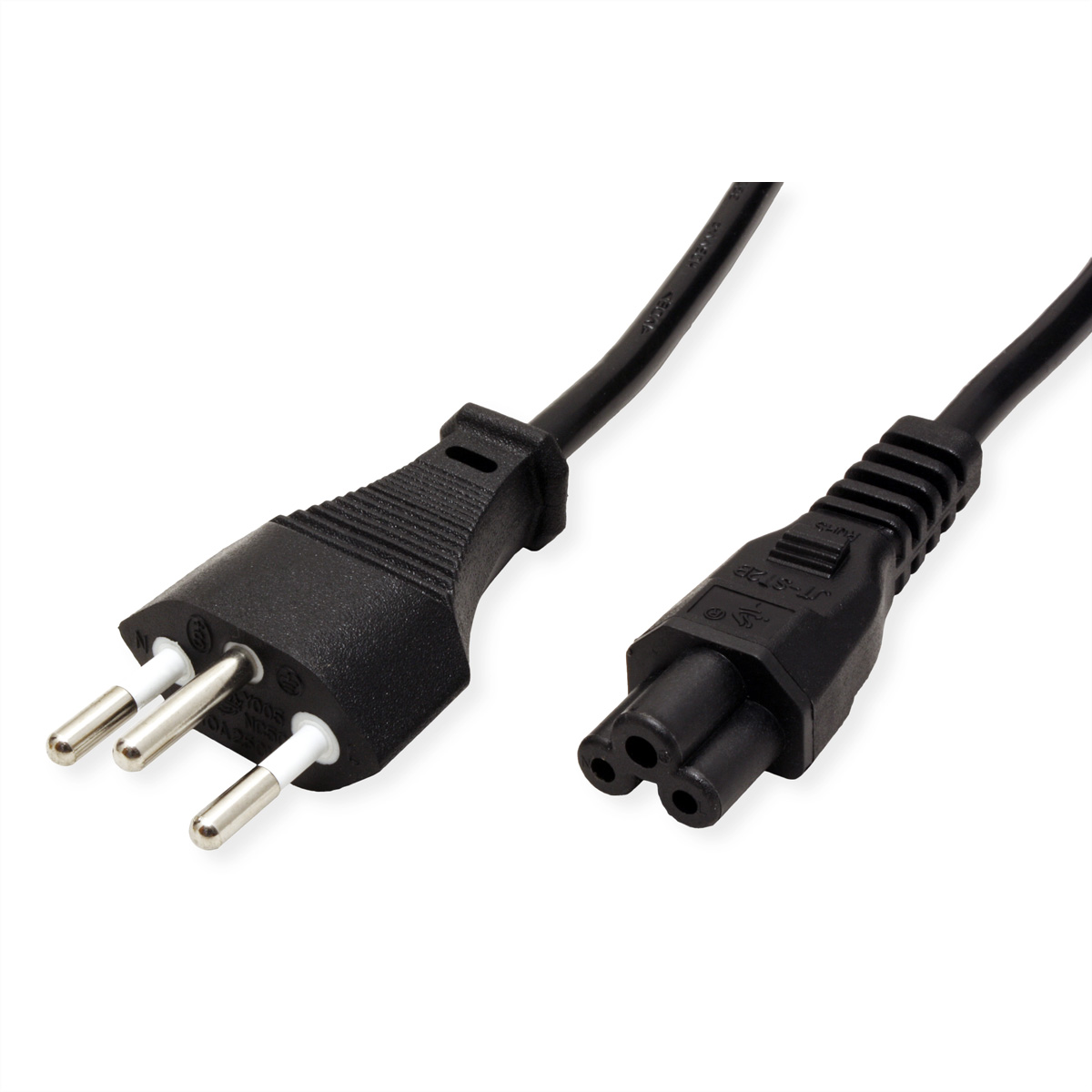 Czarny kabel zasilający z wtyczką i gniazdem C13 na białym tle.