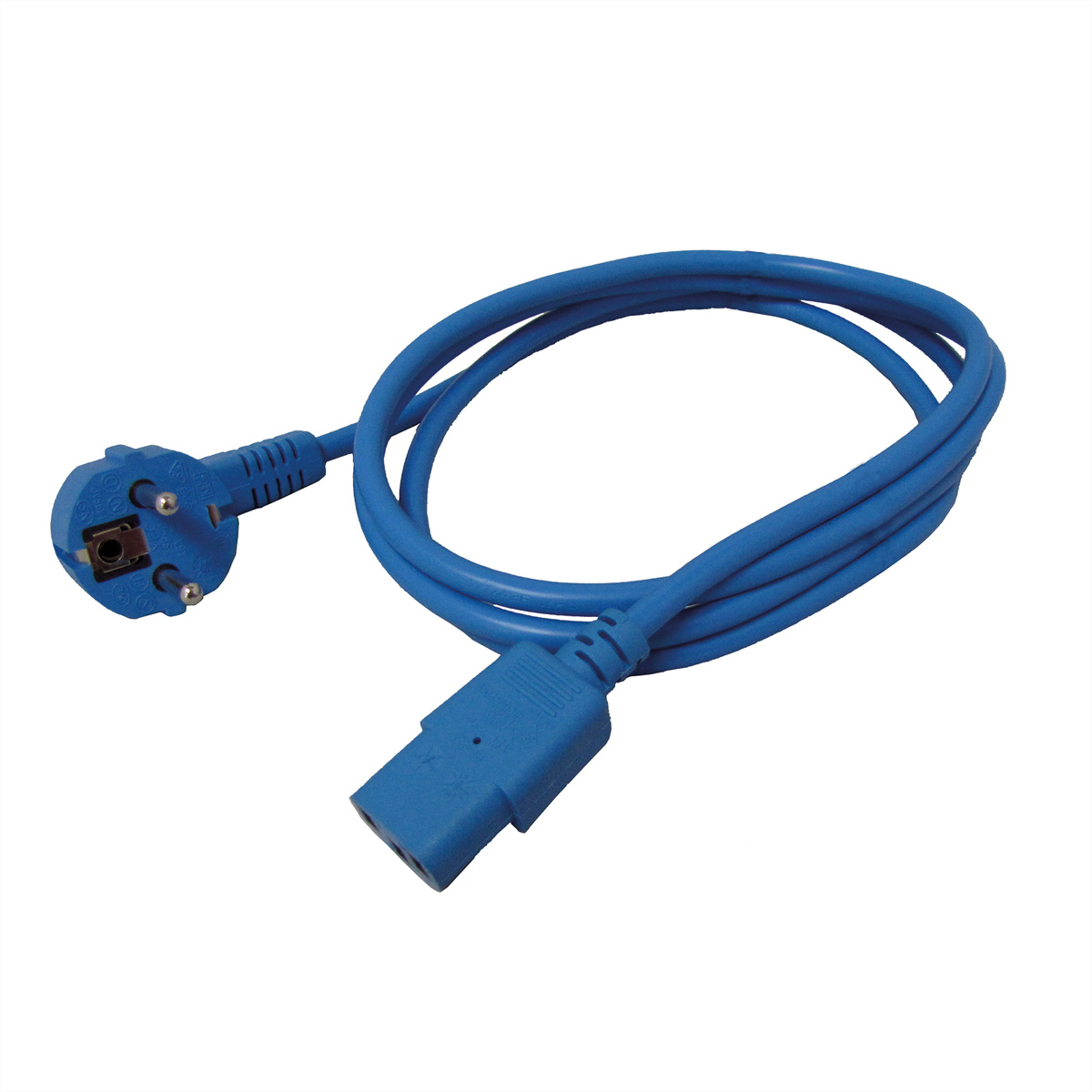 Blauw netsnoer met Europese stekker en een IEC-connector, op een witte achtergrond.