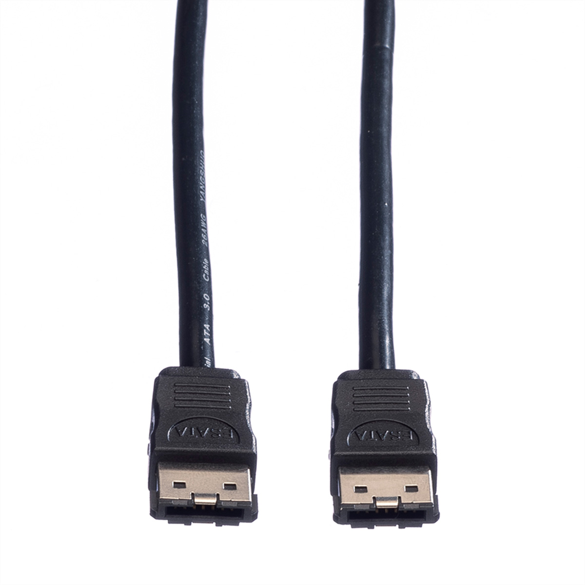 Zwei schwarze SATA-Kabel auf weißem Hintergrund.
