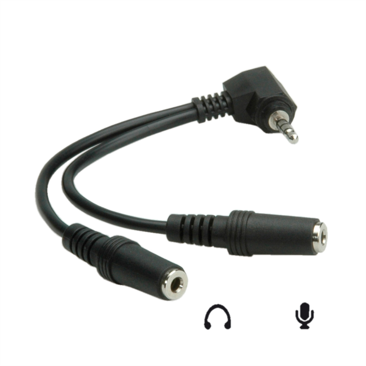 Zwarte audio-adapter met twee vrouwelijke en één mannelijke jack, witte achtergrond.