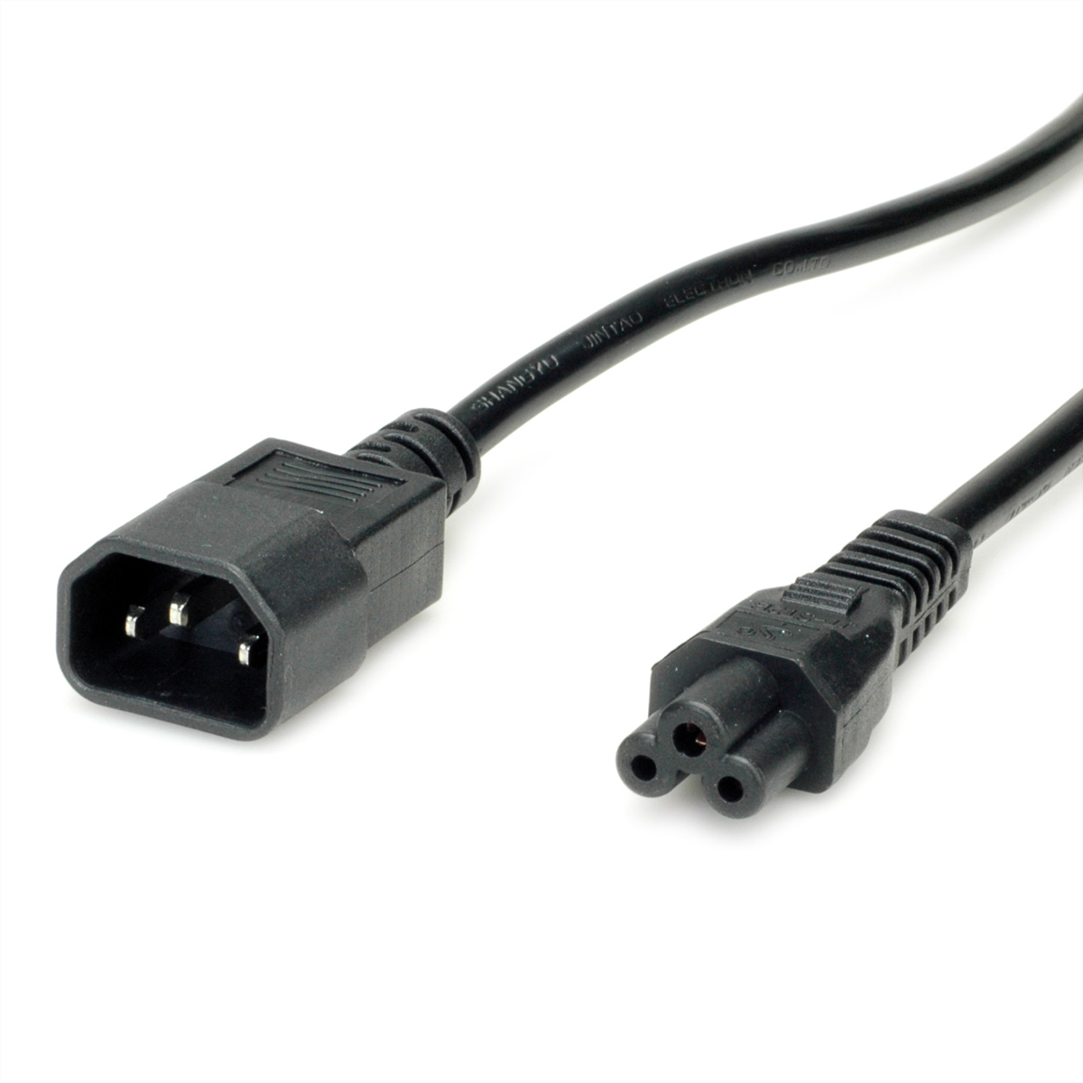 Câble d'alimentation noir avec deux extrémités. Une extrémité a un connecteur femelle et l'autre un connecteur mâle.