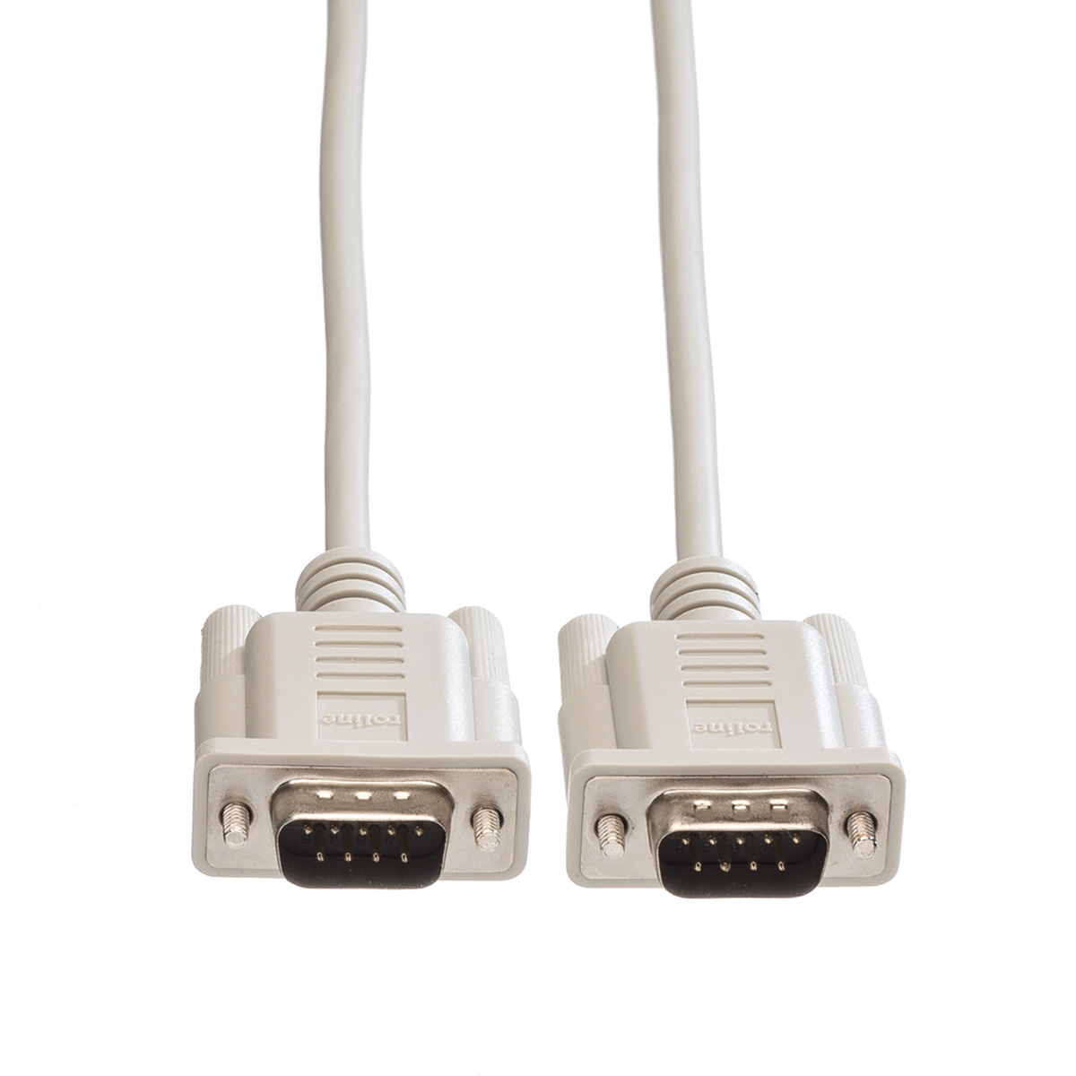 Two grey VGA cables with grey connectors, against a white background. 