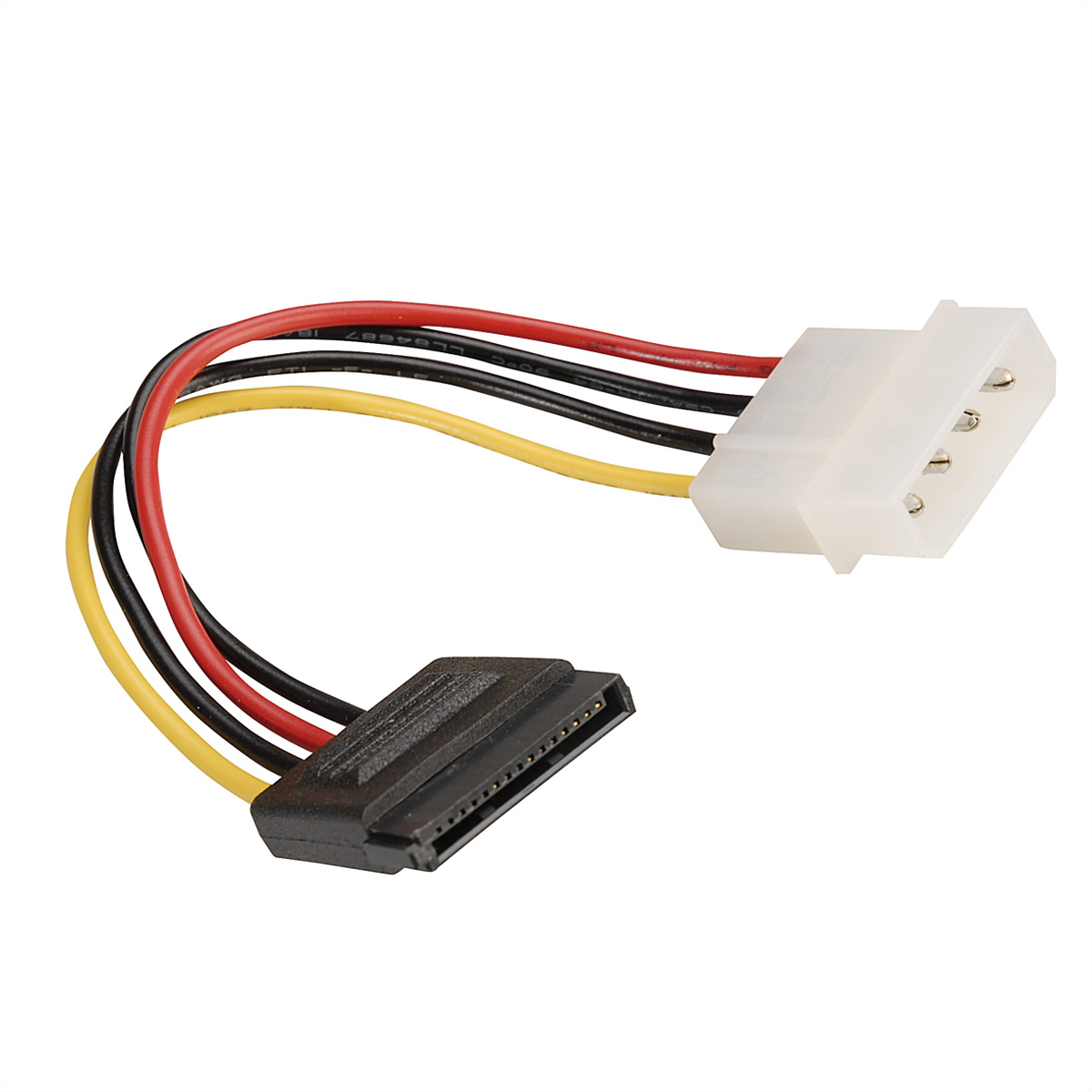 SATA-voedingskabeladapter. Zwarte, gele en rode draden met connectoren.