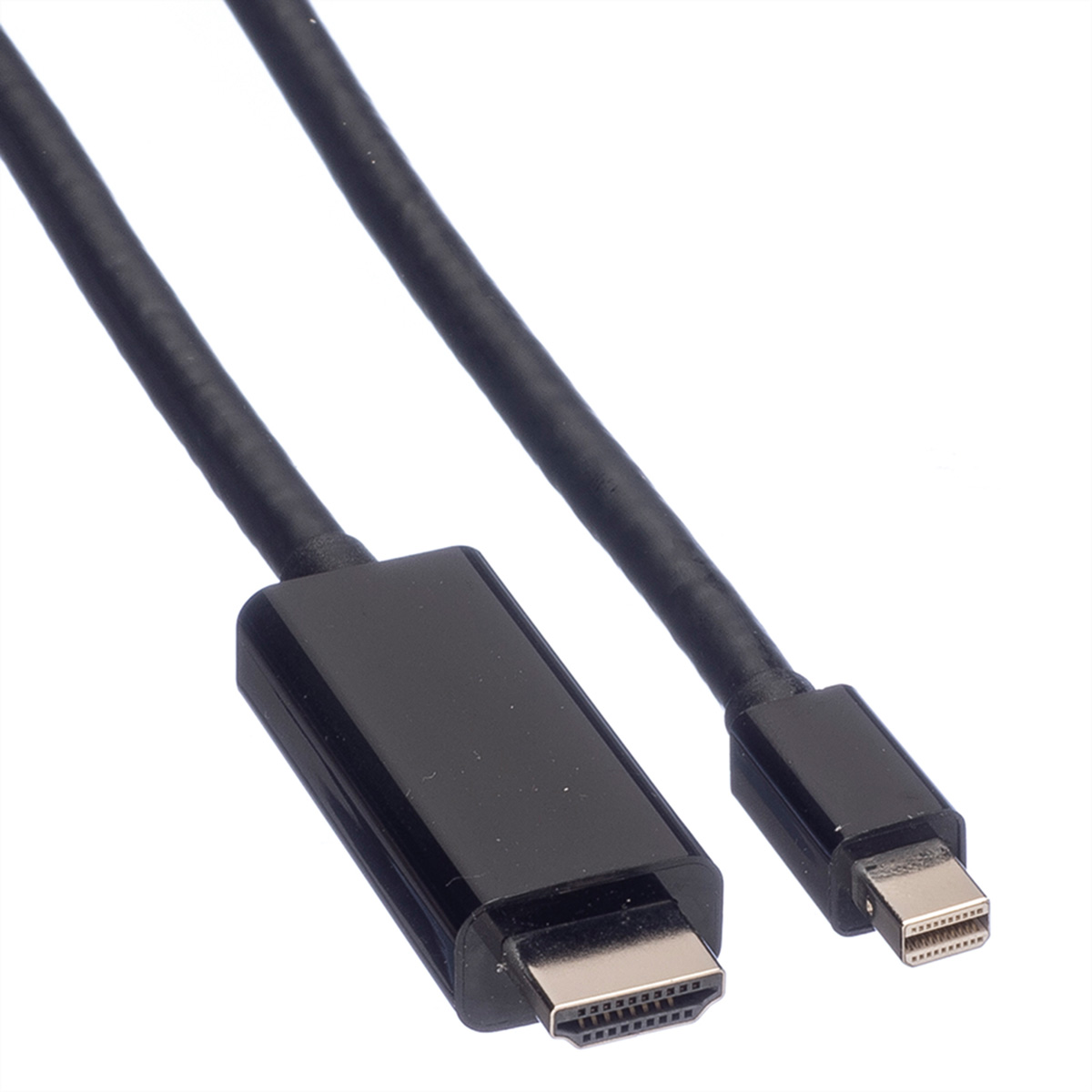 Zwarte HDMI naar Mini DisplayPort-kabel op witte achtergrond.
