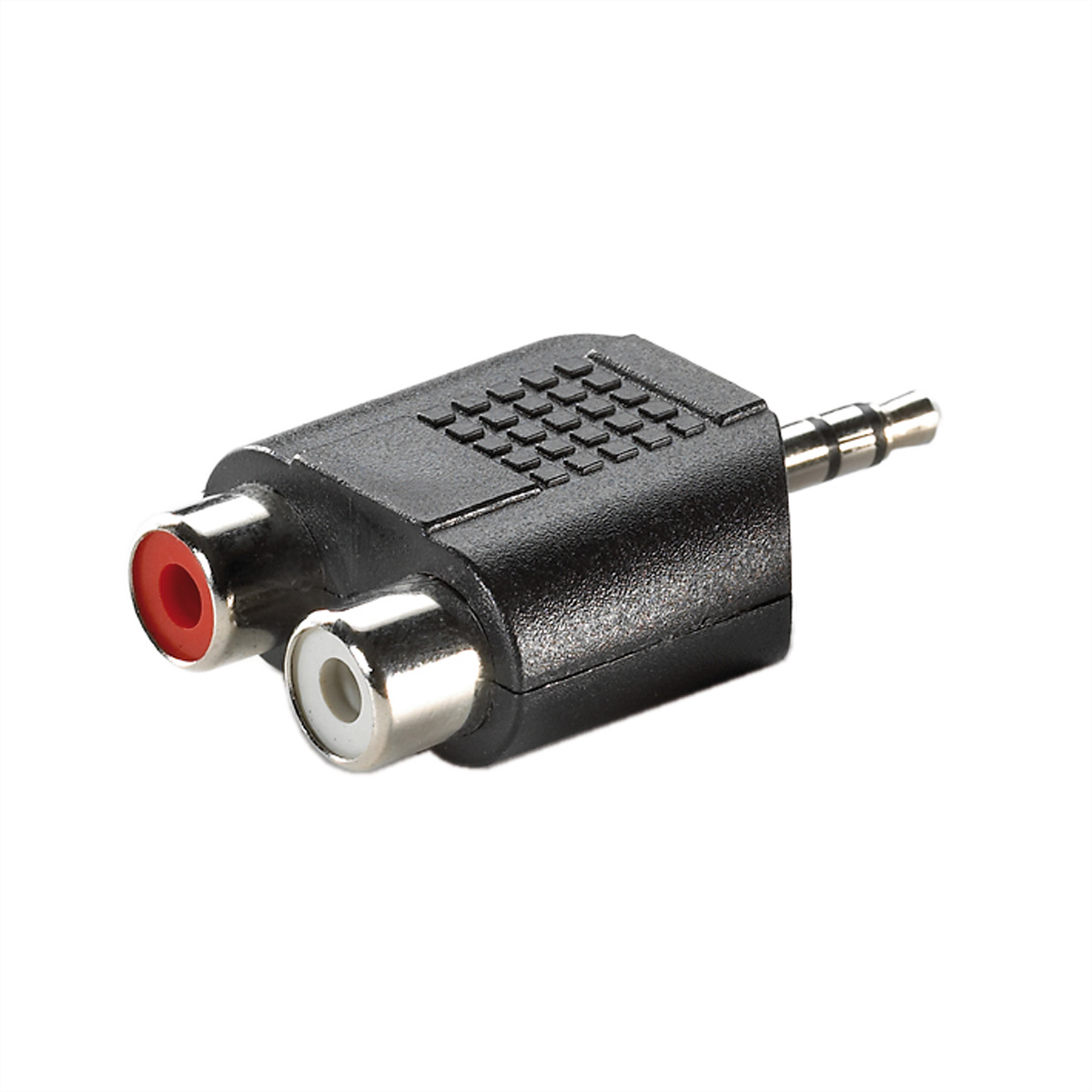 Zwarte adapter met 3,5 mm jack-ingang en twee RCA-ingangen (rood en wit) voor audio-uitvoer.