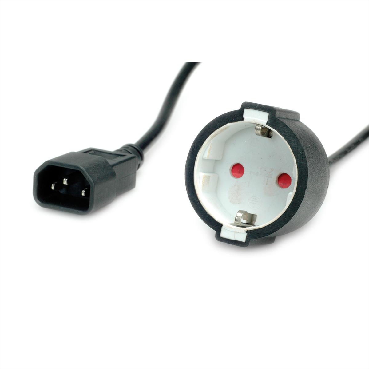Wtyczka elektryczna i kabel. Wtyczka jest czarna i ma trzy bolce. Gniazdo jest białe z czerwonymi otworami.