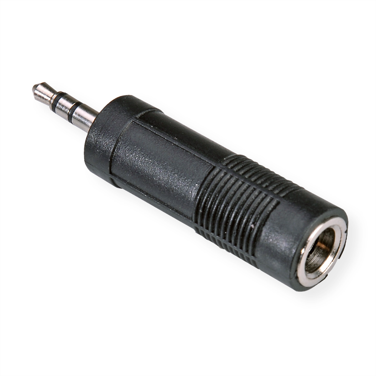 Schwarzer Audioadapter mit 3,5-mm-Klinke an einem Ende. Isoliert auf weißem Hintergrund.