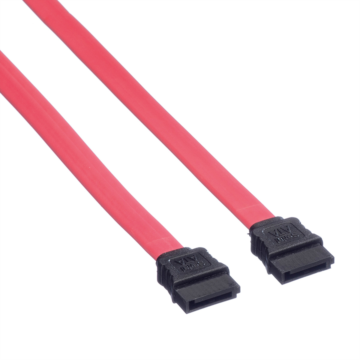 Two red SATA cables with black connectors. The cables are lying next to each other.