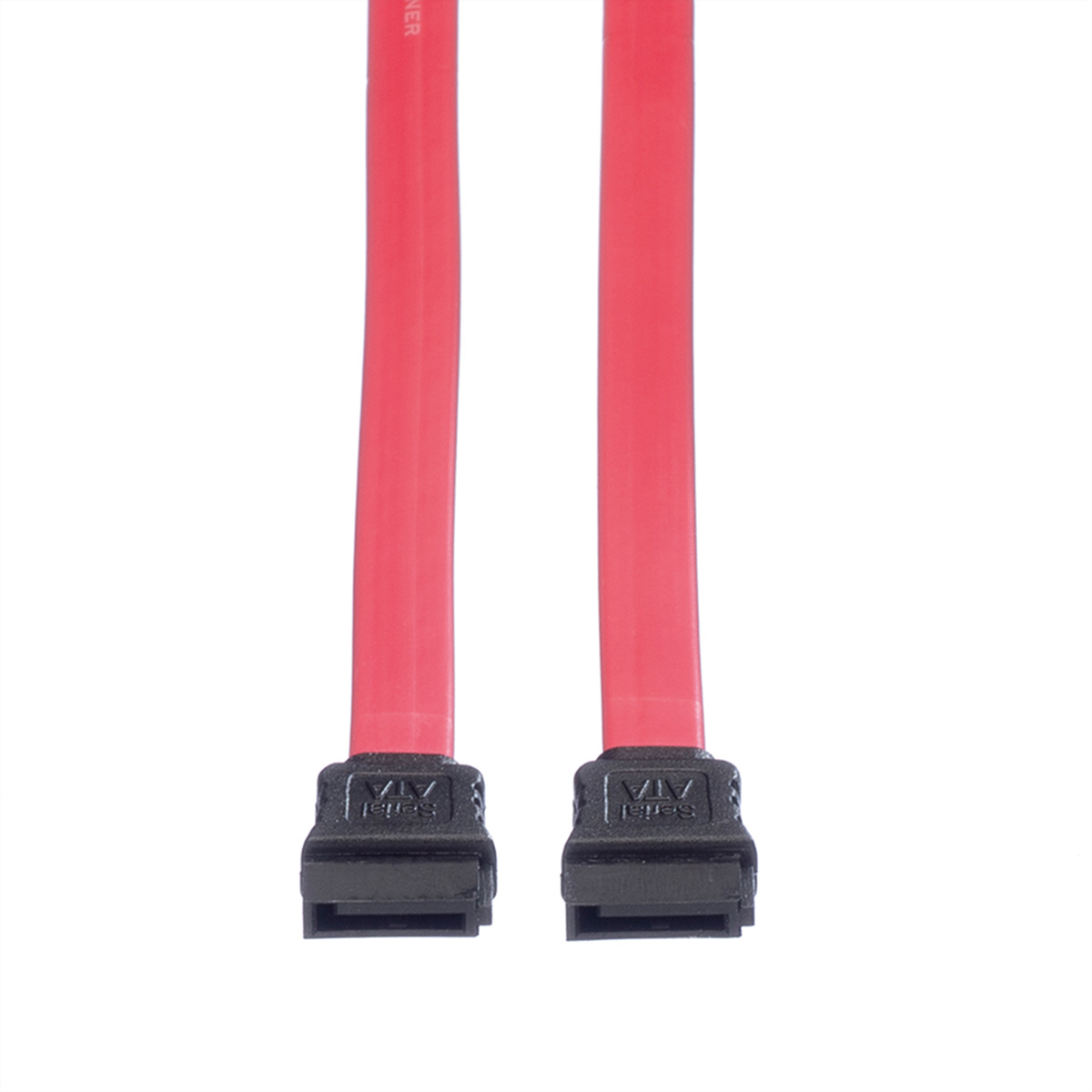 Two red SATA cables with black connectors, against a white background.