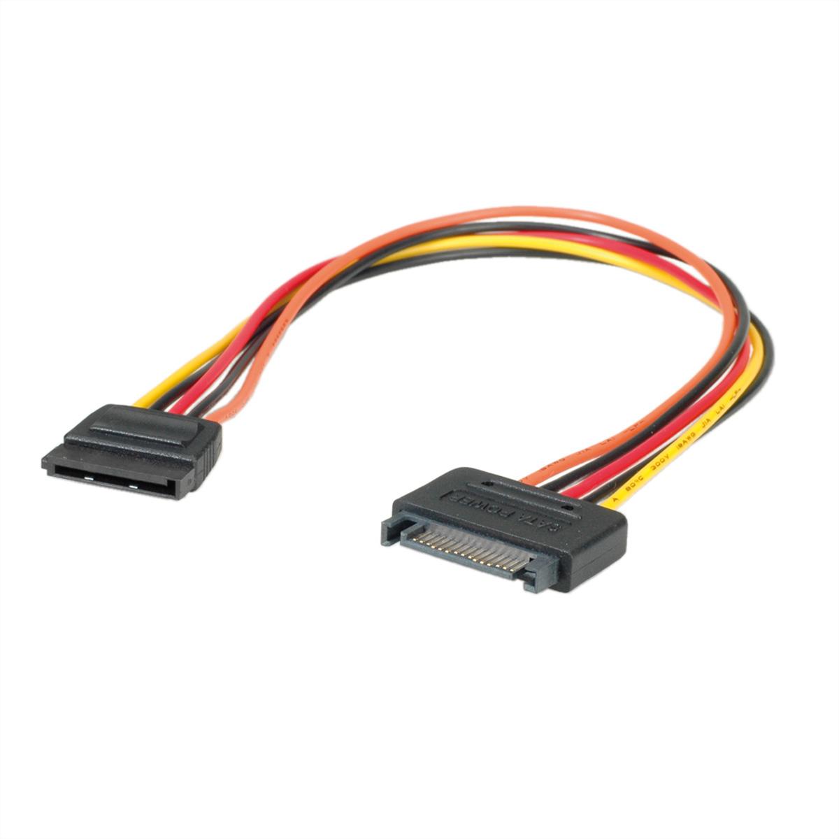 SATA-voedingskabel met zwarte connectoren en veelkleurige draden op een witte achtergrond.