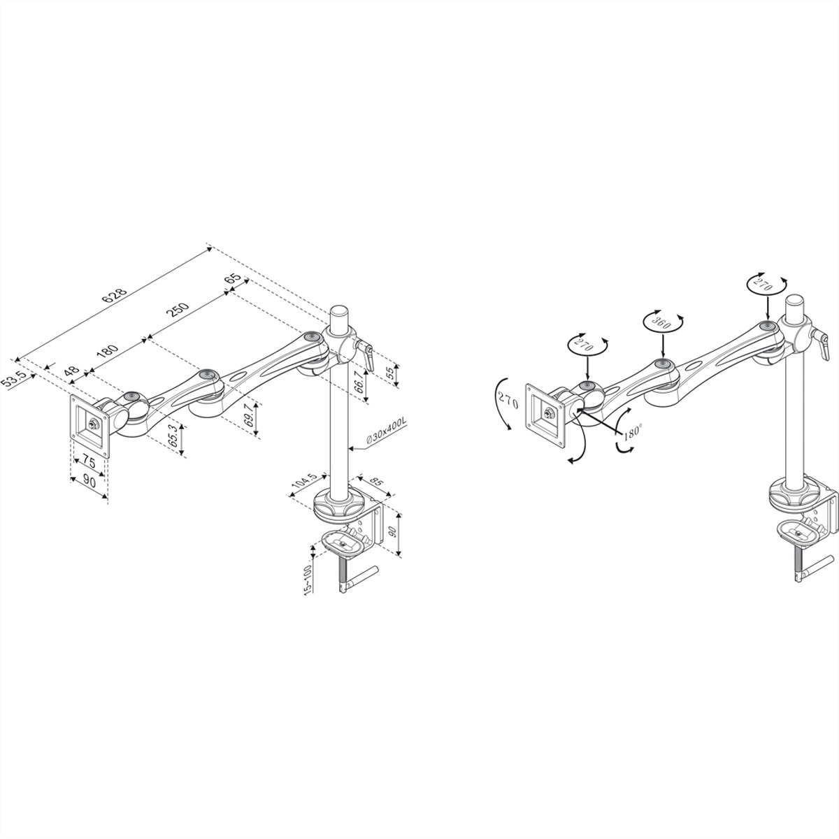 ROLINE LCD-Arm Trägerstange, 4 Monitorarm, Tischmontage Gelenke, Tischmontage