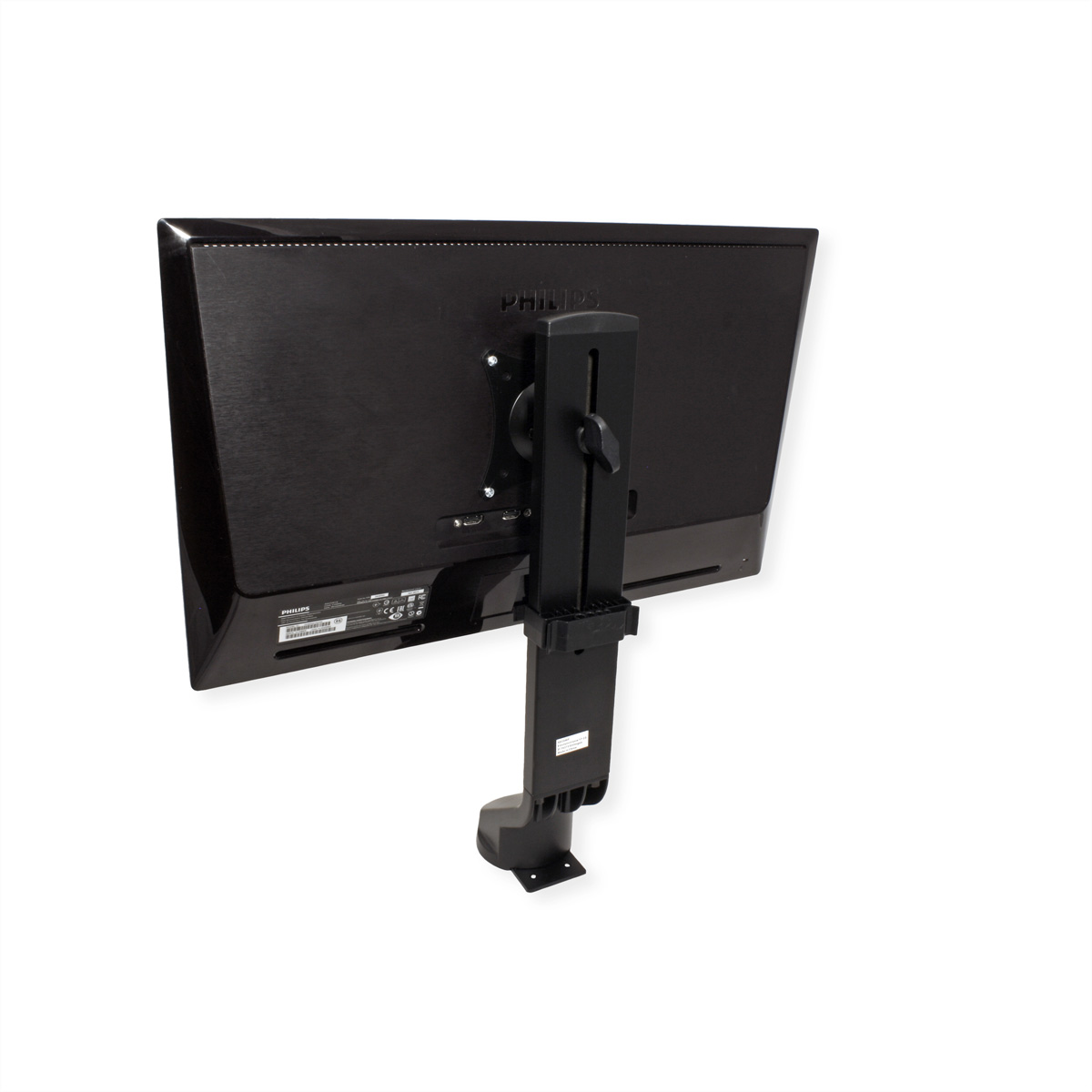 Ein schwarzer Computermonitor ist an einem schwarzen Ständer befestigt. Der Ständer ist an der Rückseite des Monitors montiert.