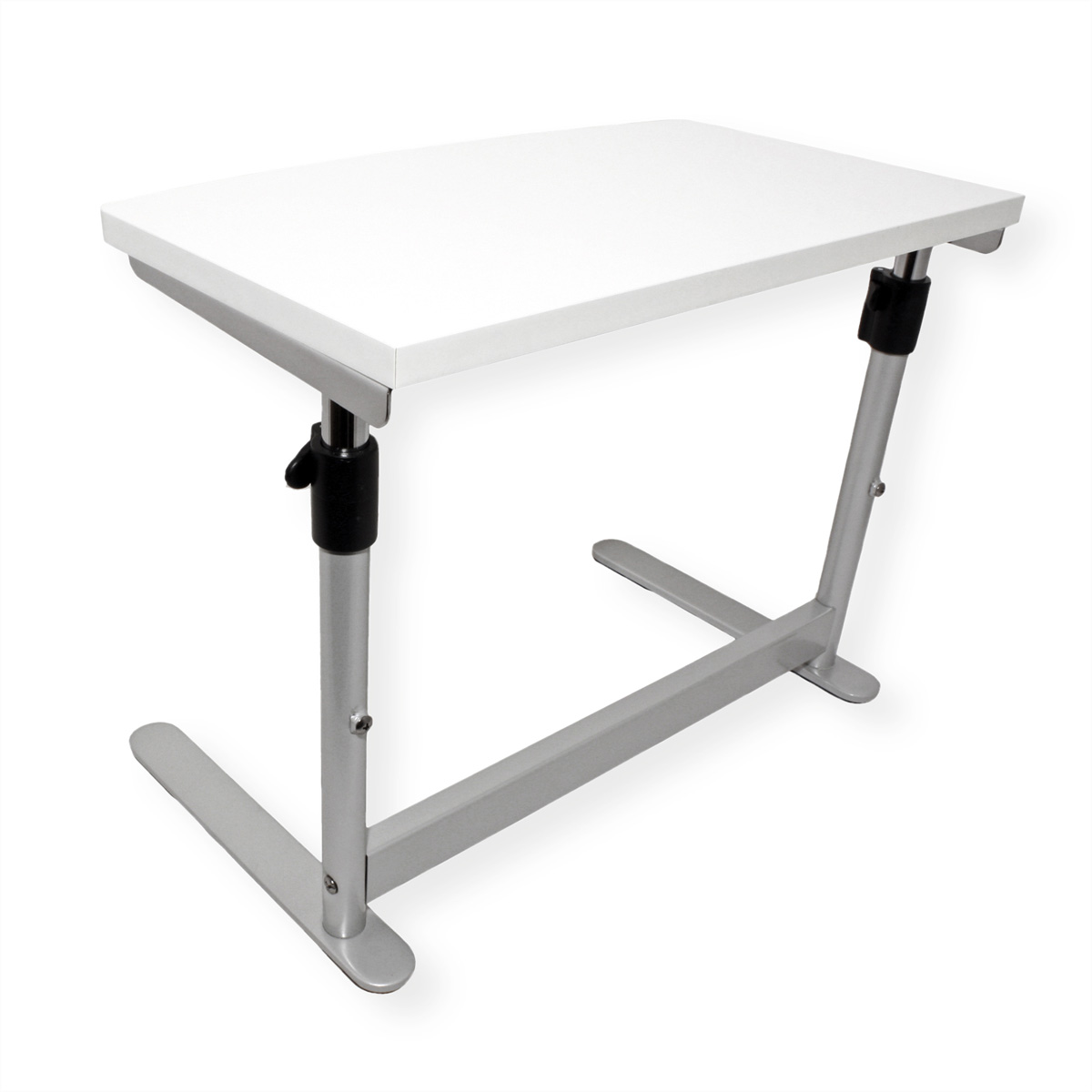 Weißer, verstellbarer Laptop-Tisch mit weißer Tischplatte und Metallbeinen.