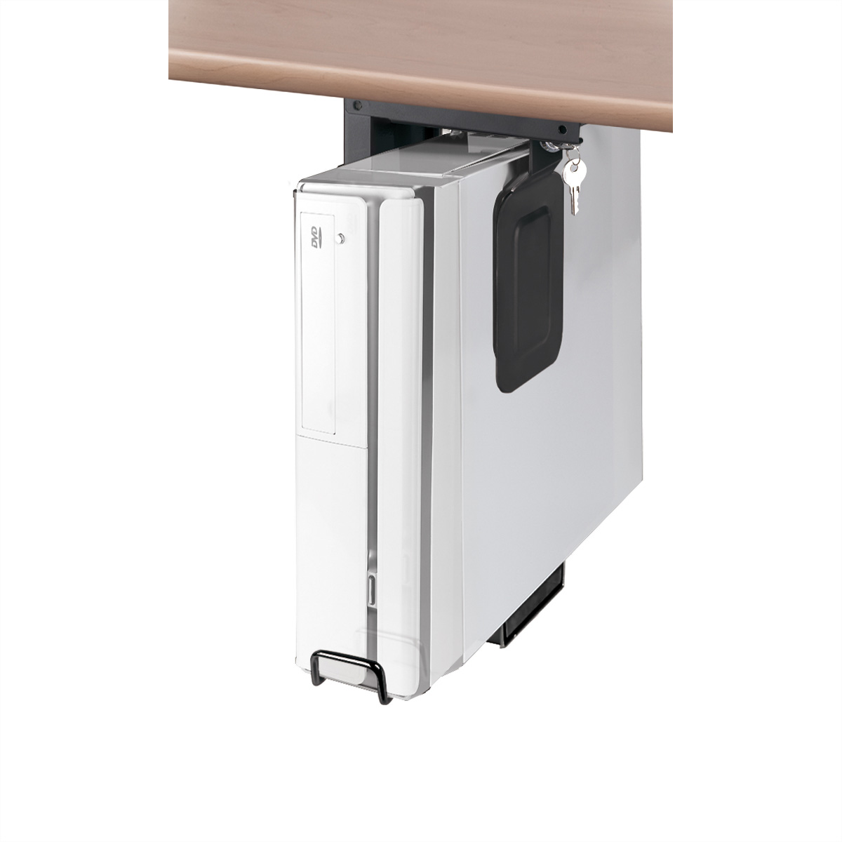 A white computer case mounted under a desk.