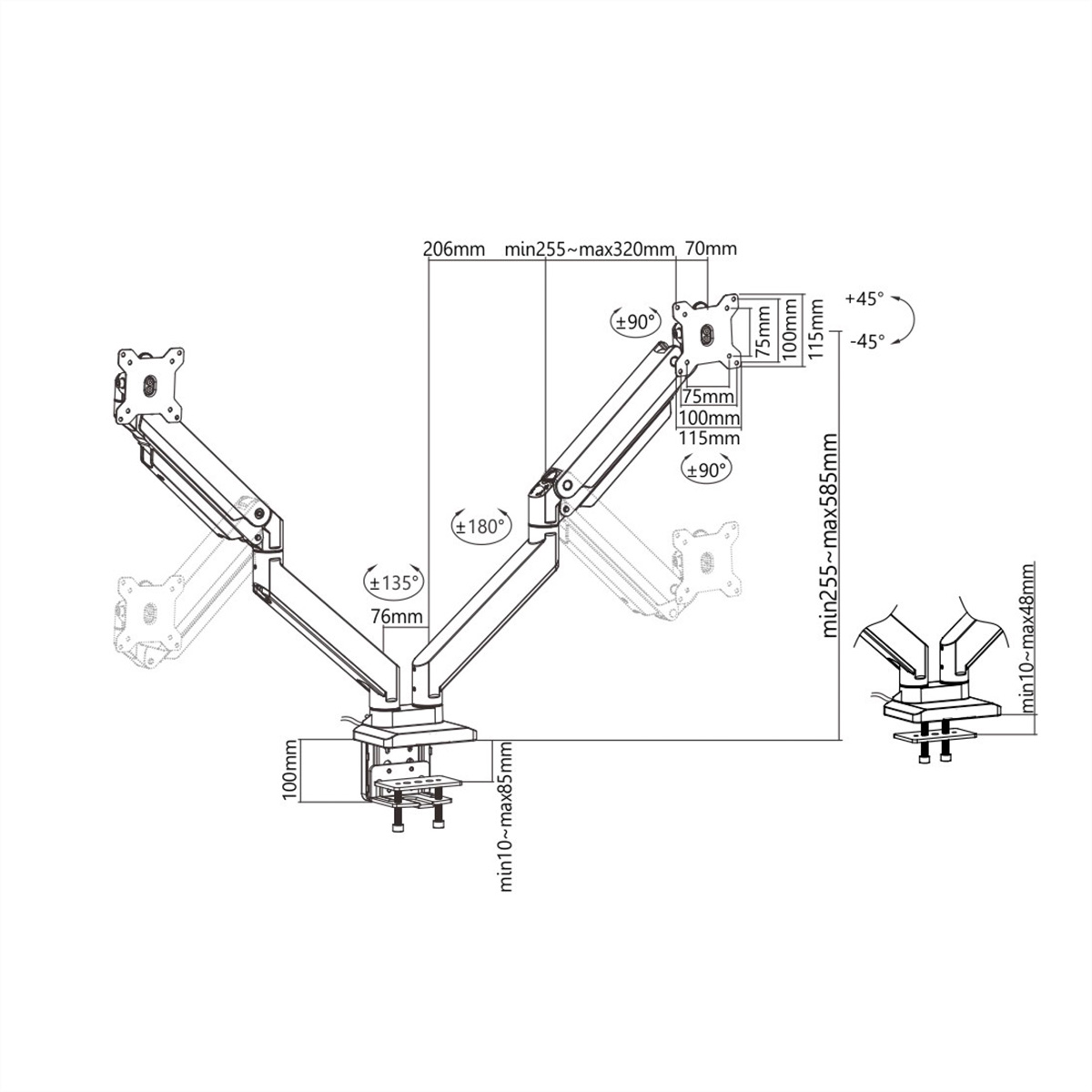Technische Zeichnung eines Doppelmonitorarms. Sie zeigt Maße, Winkel und Bewegungsbereich.